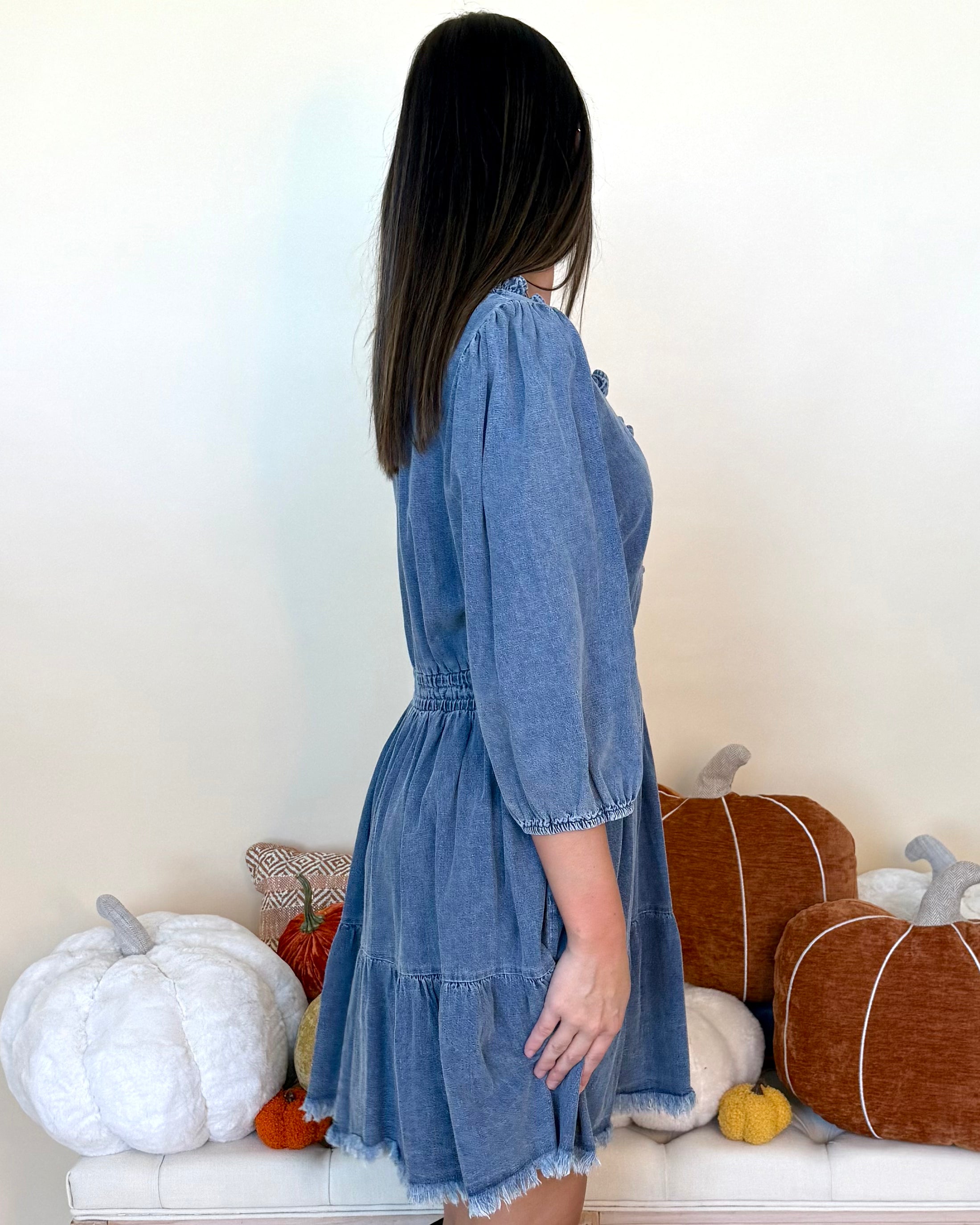 Outta Sight Lt Denim Ruffle Trim Dress-Shop-Womens-Boutique-Clothing