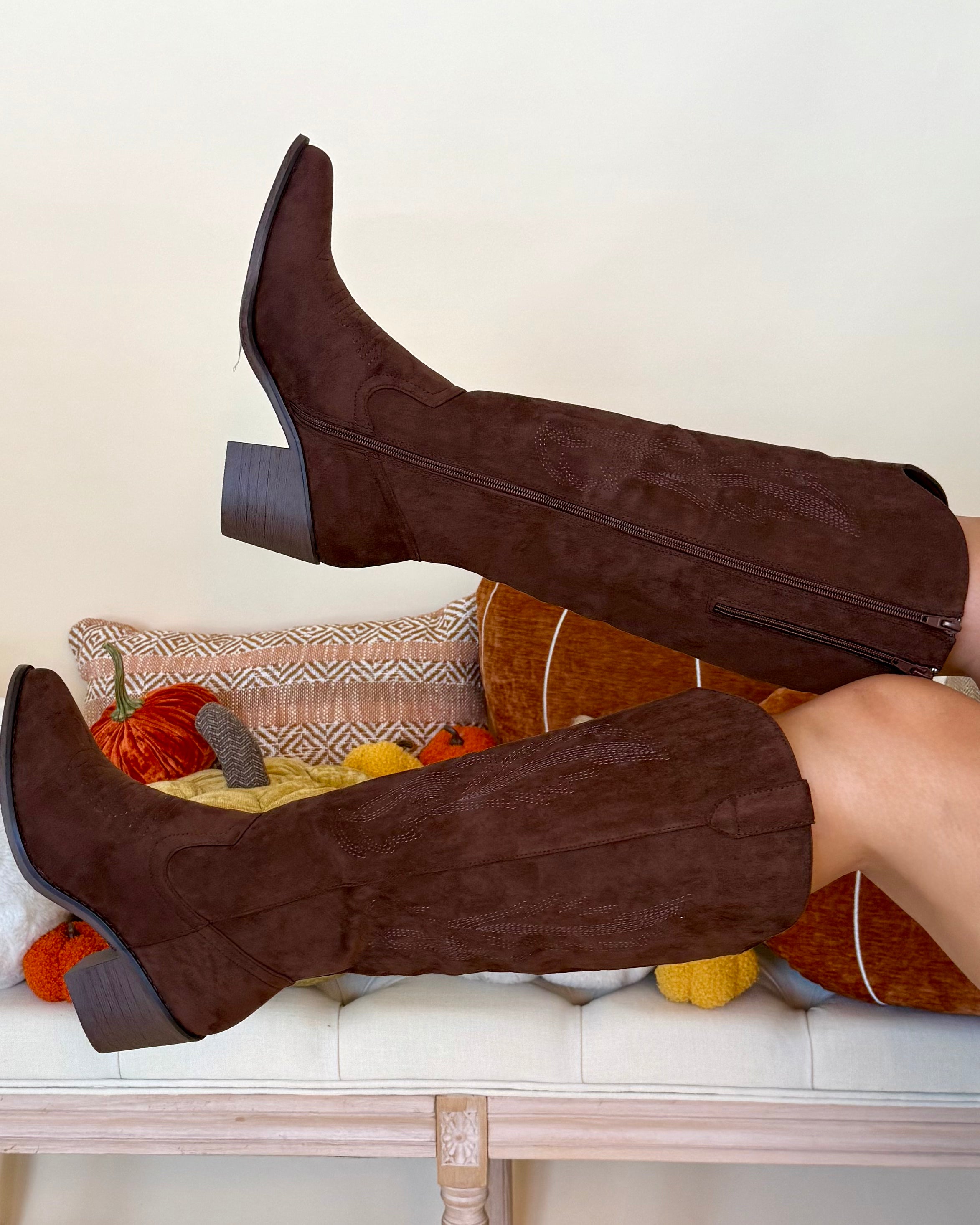 Erin Brown Faux Suede Cowboy Boots-Shop-Womens-Boutique-Clothing
