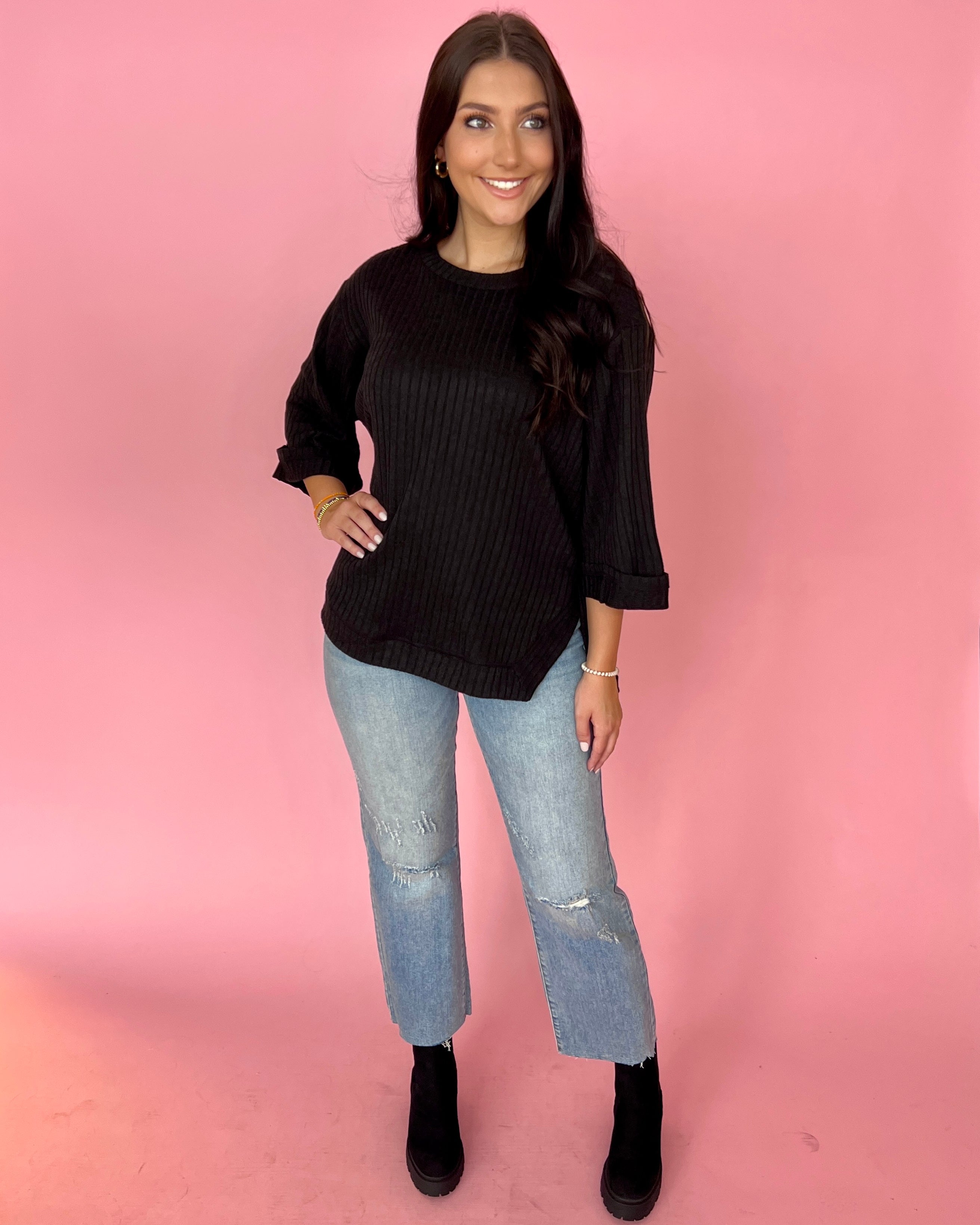 Waving Goodbye Black Ribbed Knit Cuff Sleeve Top-Shop-Womens-Boutique-Clothing