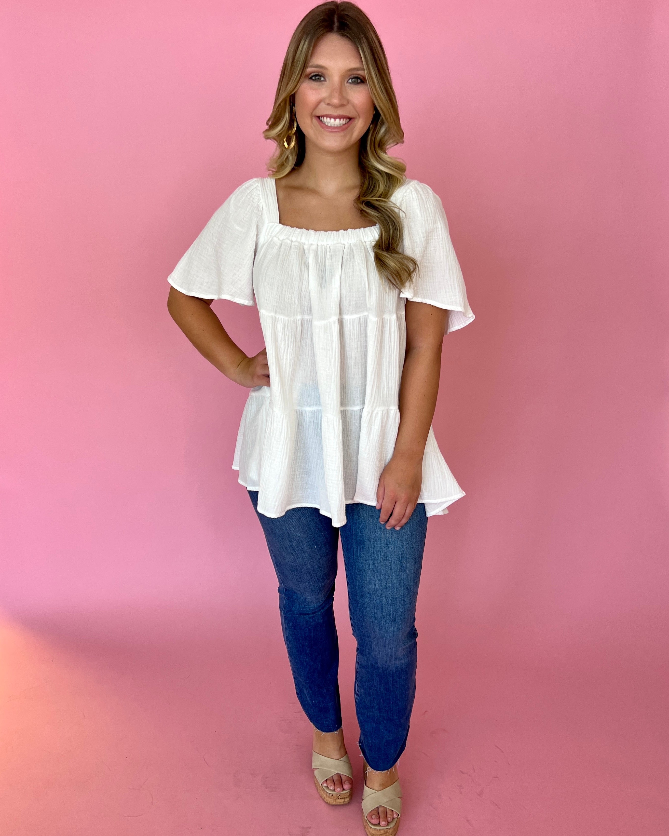 Perfect Kiss Off White Gauze Tiered Square Neck Top-Shop-Womens-Boutique-Clothing