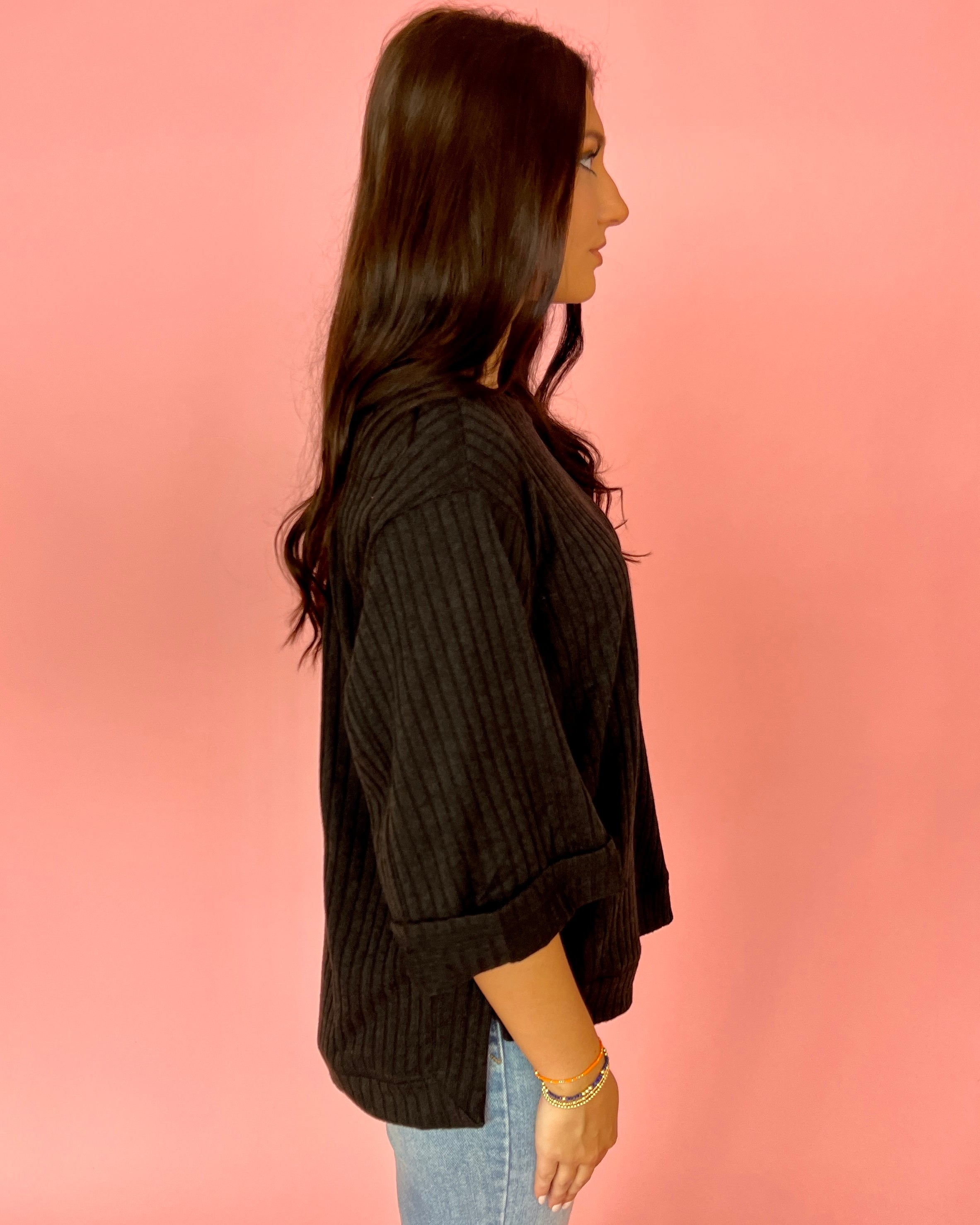 Waving Goodbye Black Ribbed Knit Cuff Sleeve Top-Shop-Womens-Boutique-Clothing