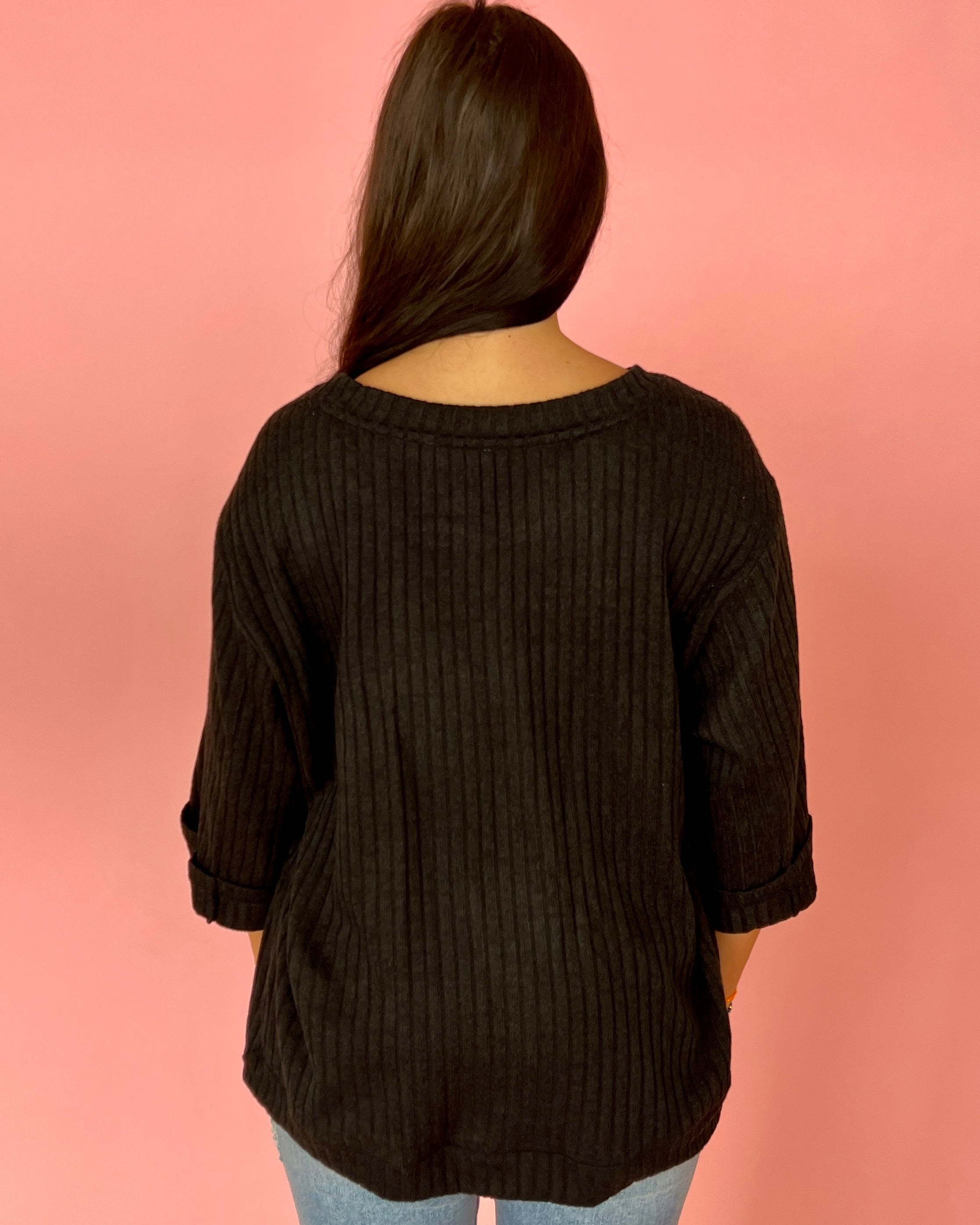 Waving Goodbye Black Ribbed Knit Cuff Sleeve Top-Shop-Womens-Boutique-Clothing