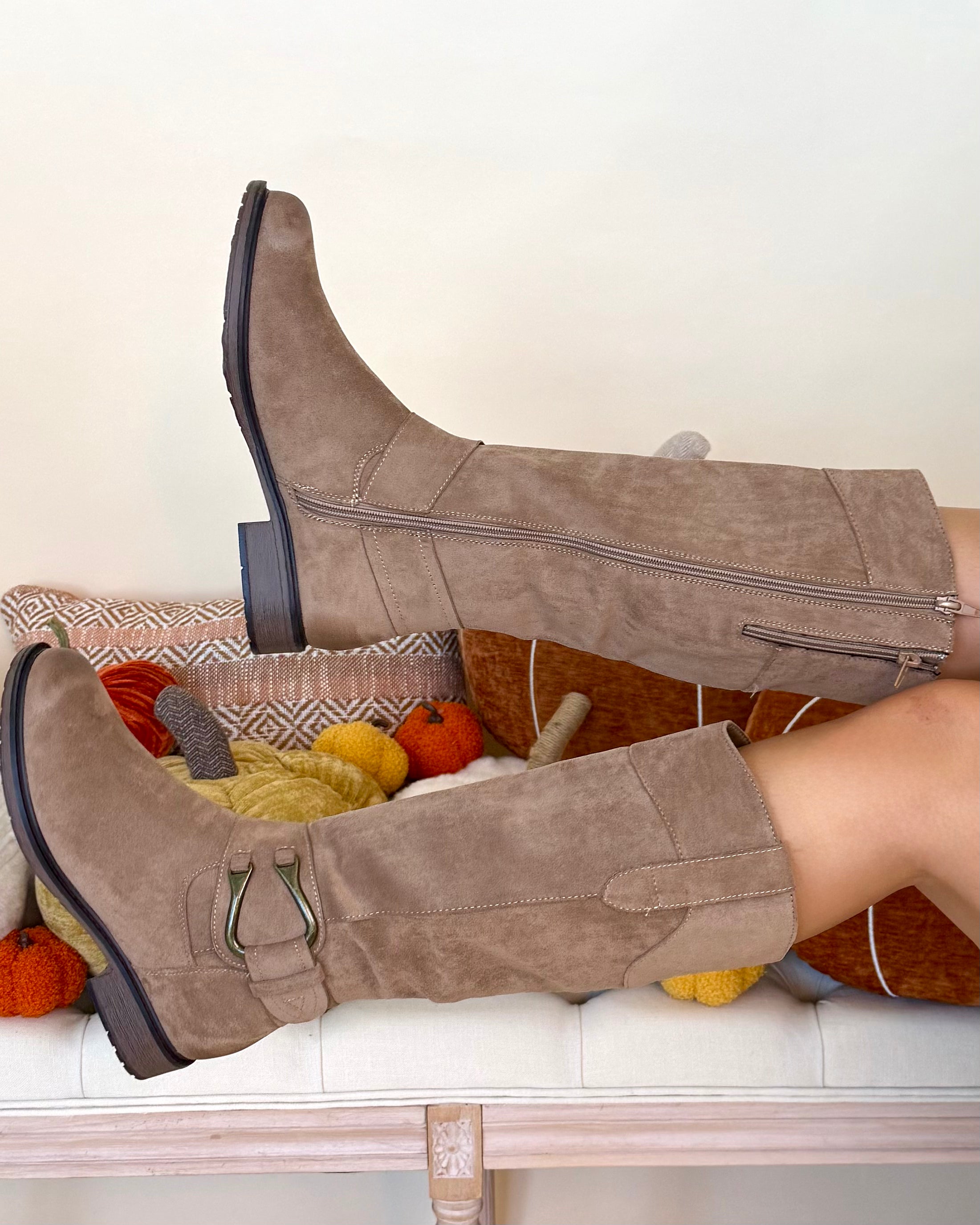 Rose Taupe Faux Suede Buckle Boots-Shop-Womens-Boutique-Clothing