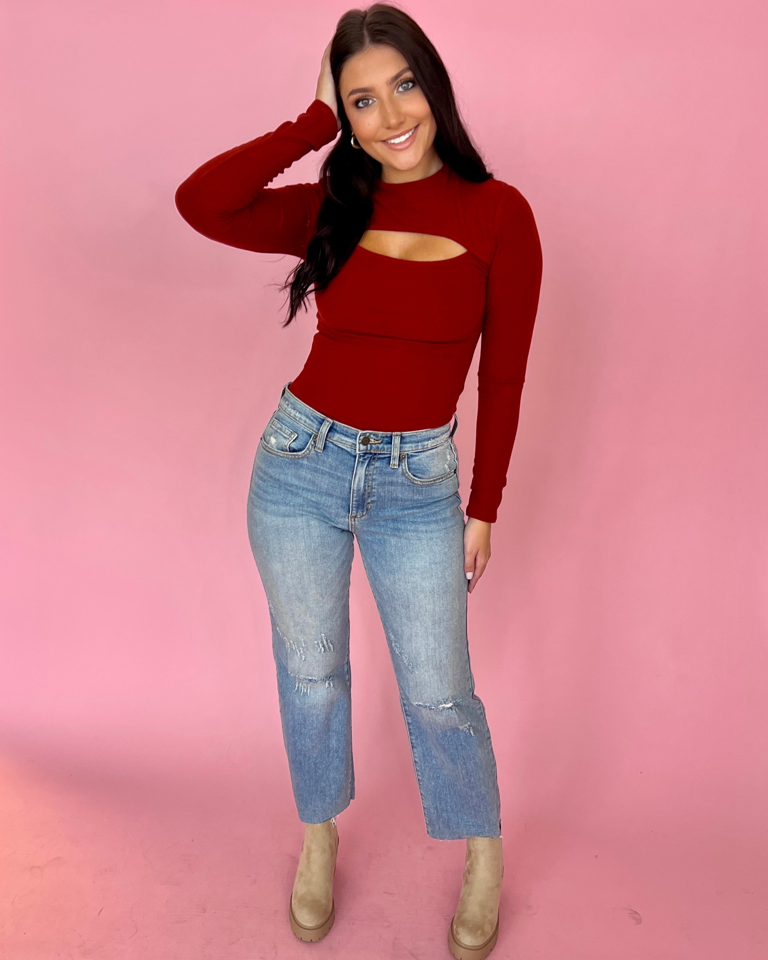 Sweet Disposition Medium High Rise Straight Distressed Jeans-Shop-Womens-Boutique-Clothing