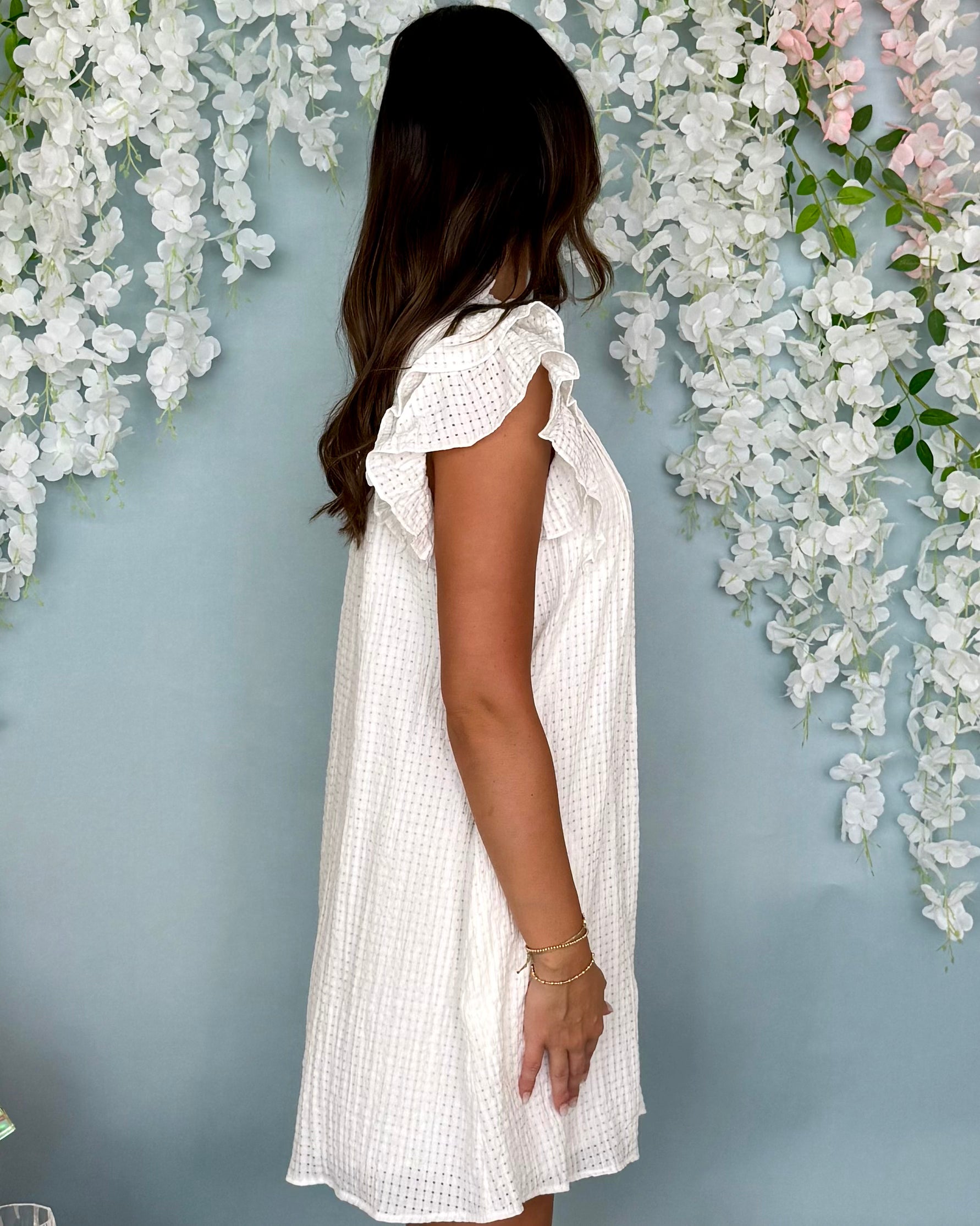 Good Energy Off White Ruffle Seersucker Dress-Shop-Womens-Boutique-Clothing