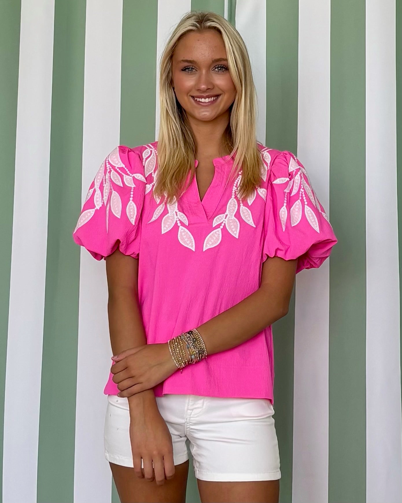 Everbloom Hot Pink Leaf Embroidered Top-Shop-Womens-Boutique-Clothing