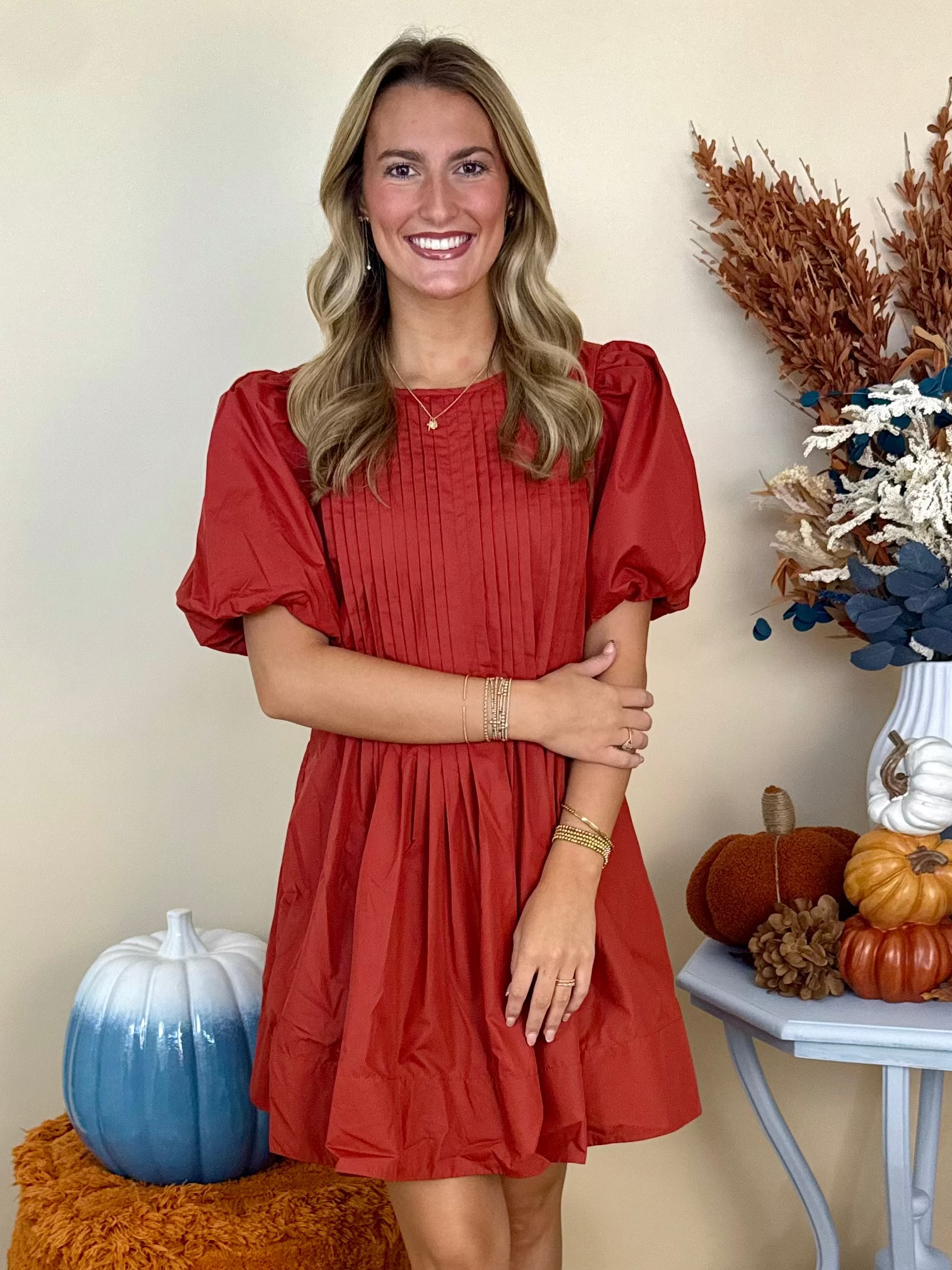 Lovely as Ever Rust Pintuck Short Puff Sleeve Dress-Shop-Womens-Boutique-Clothing