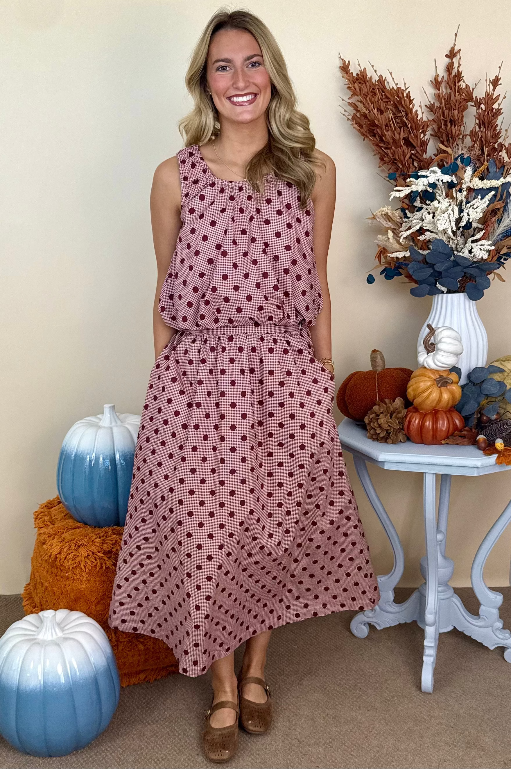 Easy Living Burgundy Gingham Polka Dot Midi Skirt-Shop-Womens-Boutique-Clothing