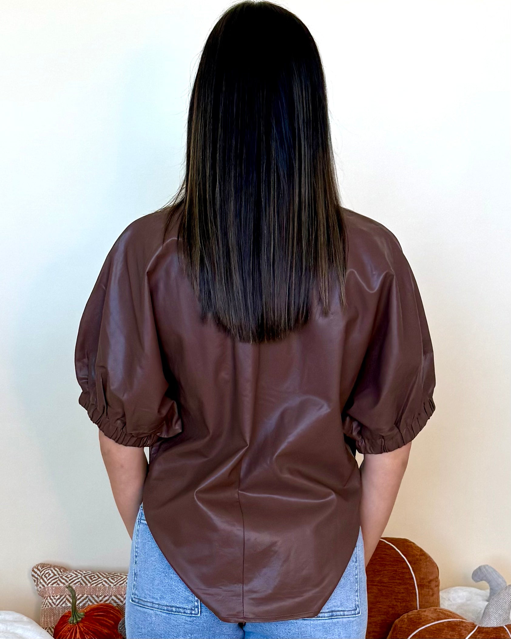 Own Life Brown Faux Leather V Neck Top-Shop-Womens-Boutique-Clothing