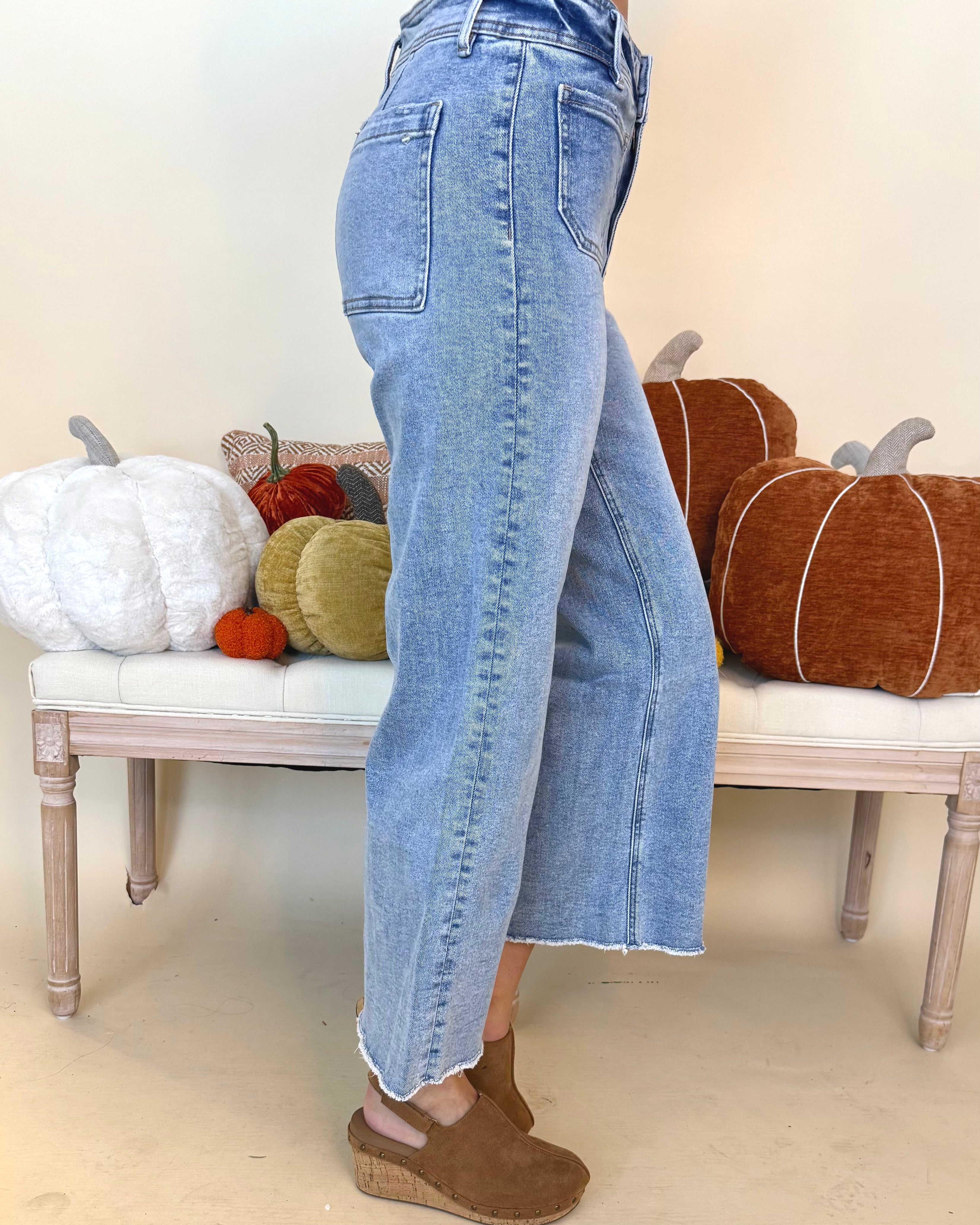 Let's Just Stay Wash Denim Cropped Wide Leg Jeans-Shop-Womens-Boutique-Clothing
