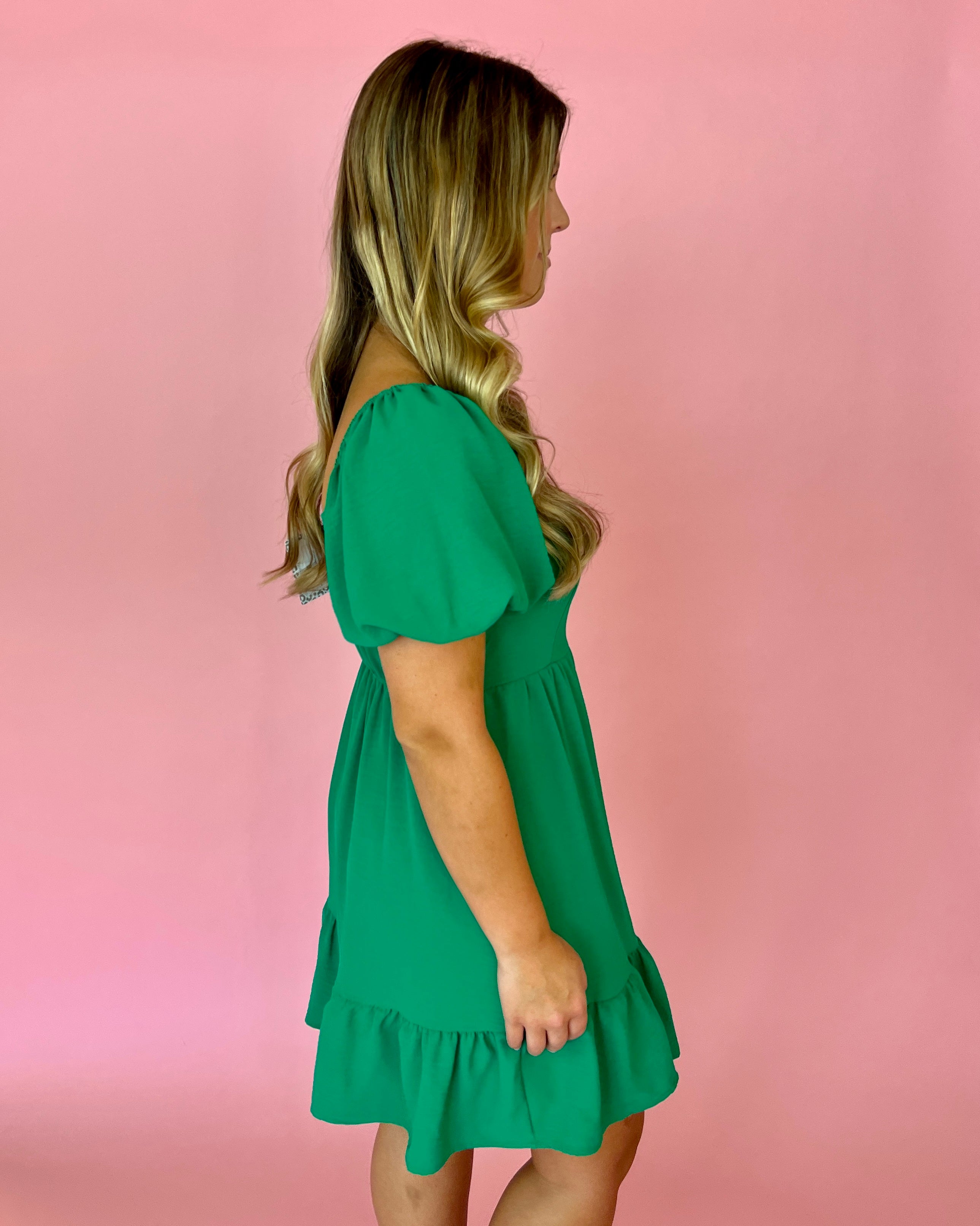 Joyful Smiles Green Puff Sleeve Dress-Shop-Womens-Boutique-Clothing