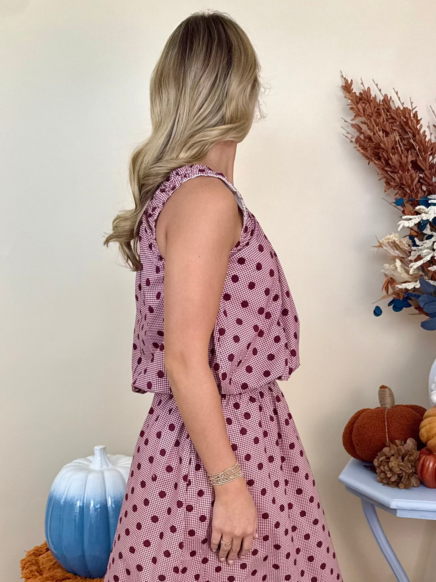 All Smiles Burgundy Gingham Polka Dot Sleeveless Top-Shop-Womens-Boutique-Clothing