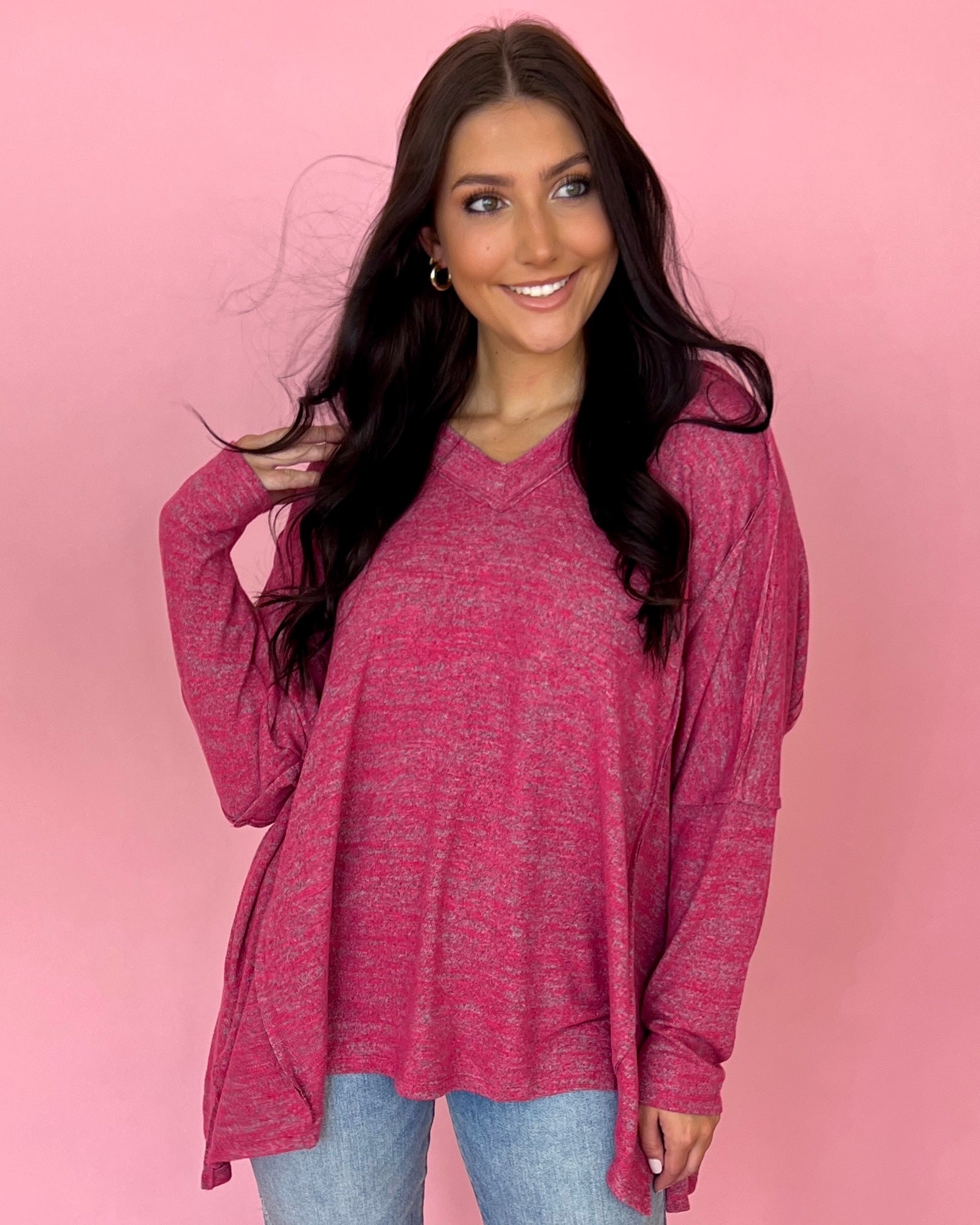 All For You Fuchsia Heathered V-neck Dolman Top-Shop-Womens-Boutique-Clothing