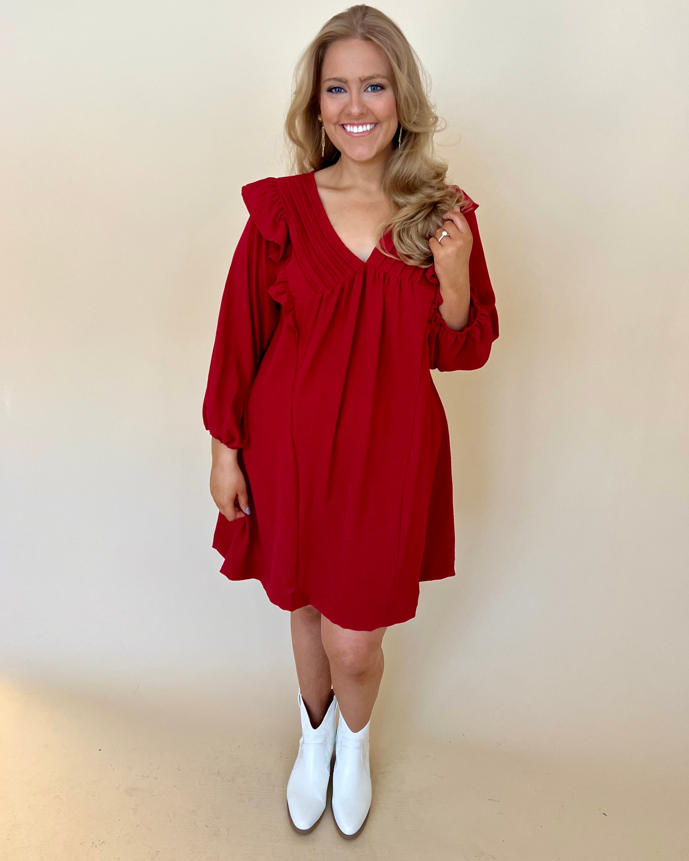 Start The Bonfire Burgundy Plus Ruffle Dress-Shop-Womens-Boutique-Clothing