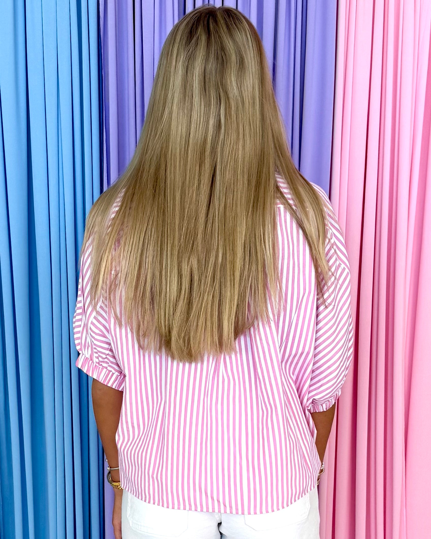 Newly You Pink Stripe Ruffle Neck Top-Shop-Womens-Boutique-Clothing