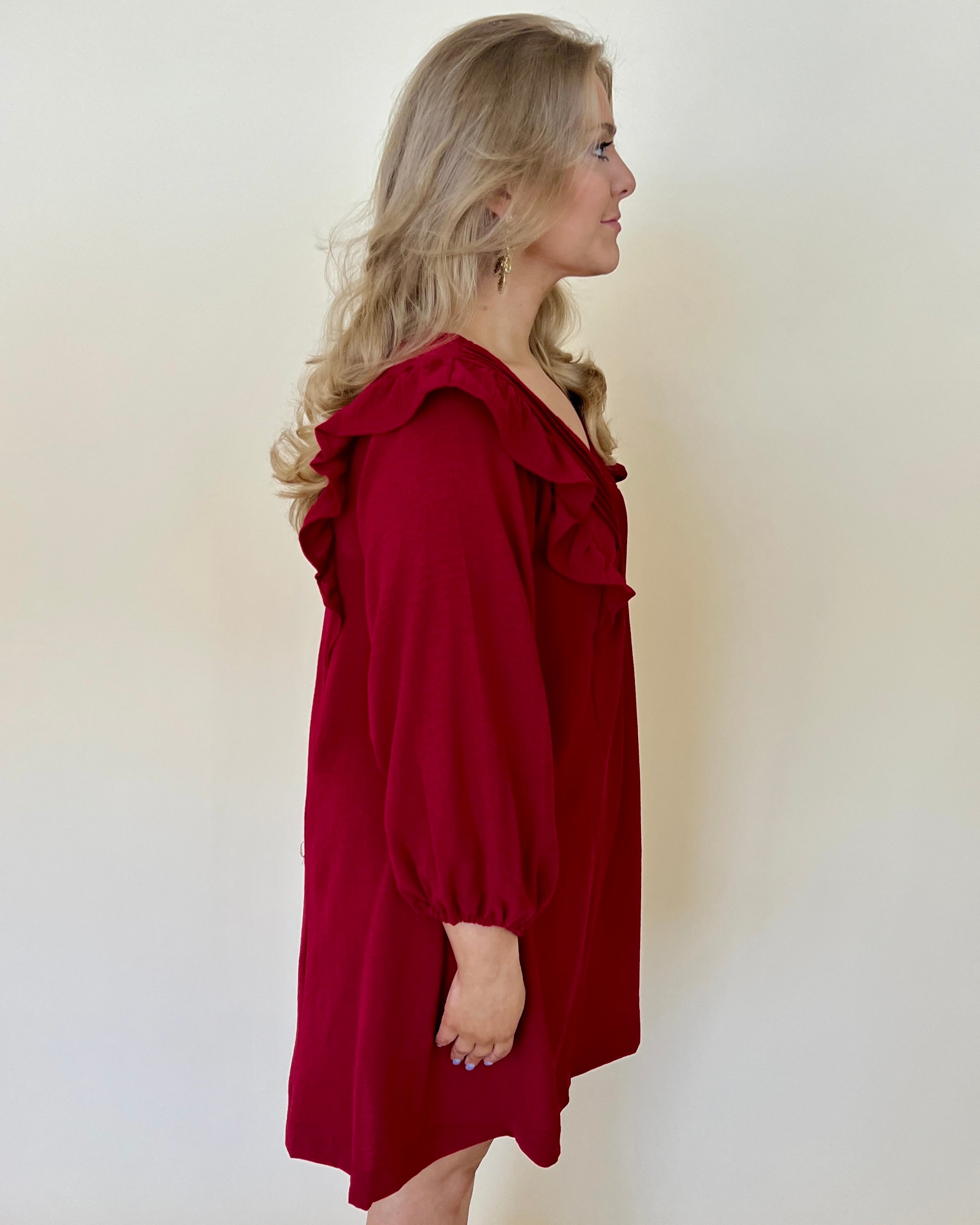 Start The Bonfire Burgundy Plus Ruffle Dress-Shop-Womens-Boutique-Clothing