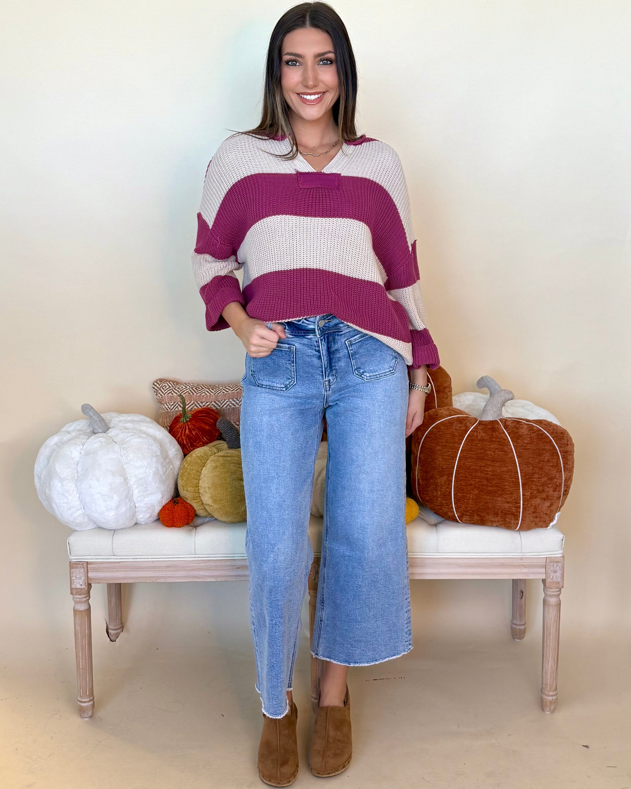 Thinking It Mauve V-Neck Striped Sweater-Shop-Womens-Boutique-Clothing