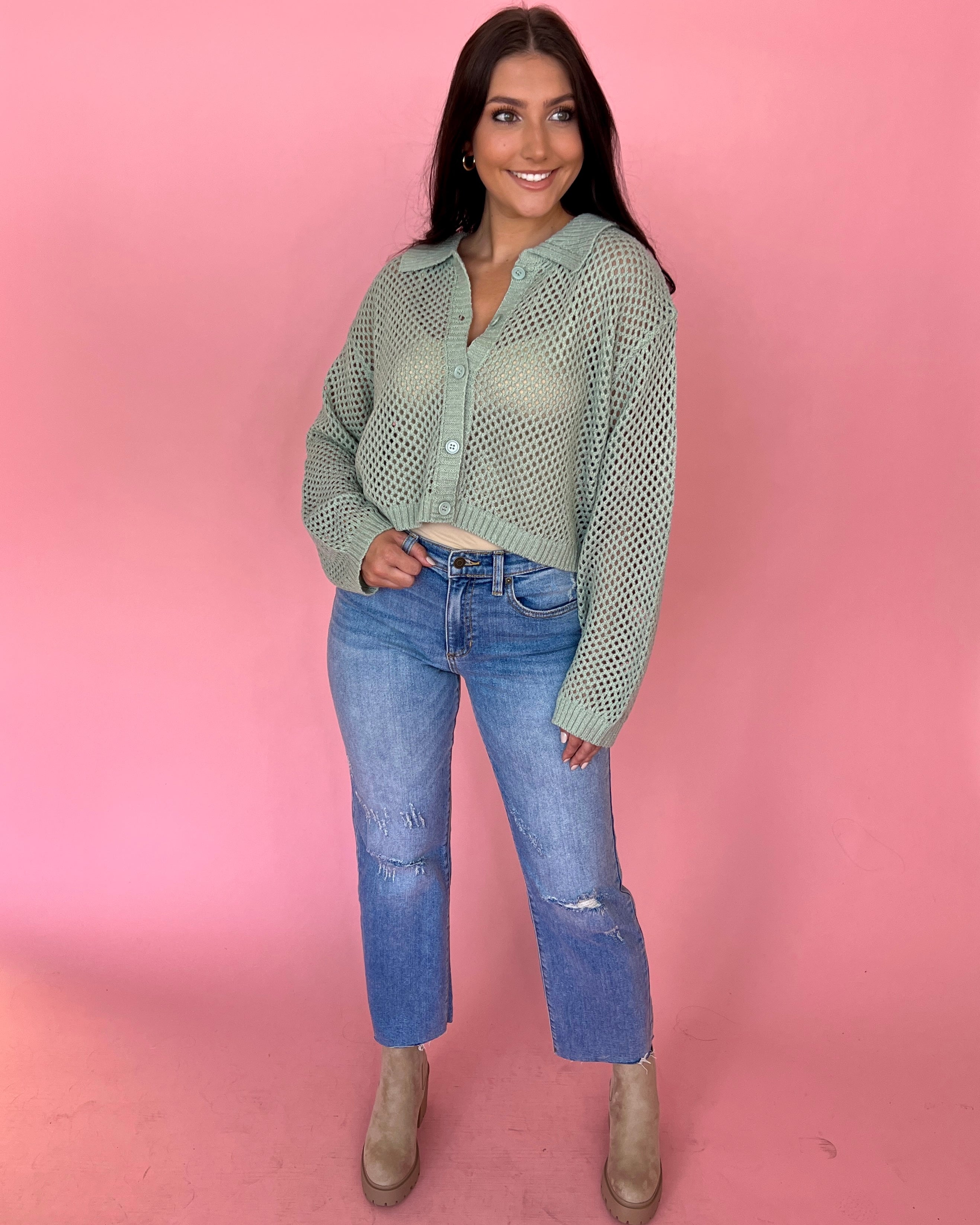 Doing The Most Sage Button Down Crochet Cardigan-Shop-Womens-Boutique-Clothing