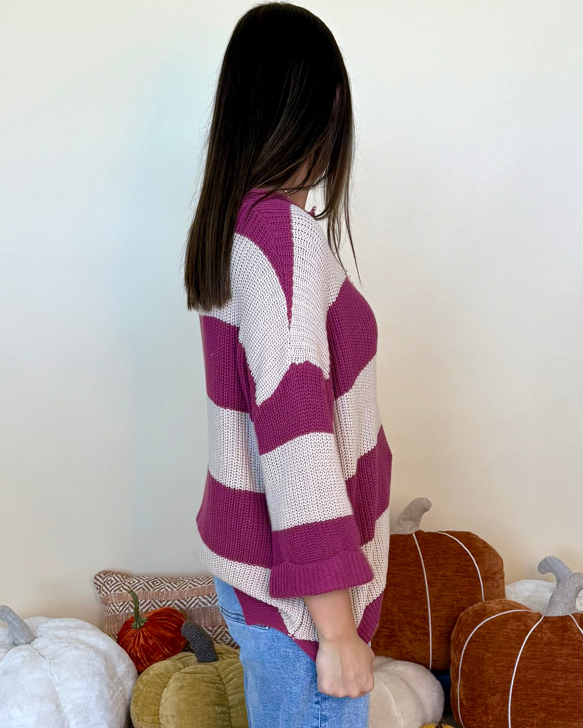 Thinking It Mauve V-Neck Striped Sweater-Shop-Womens-Boutique-Clothing