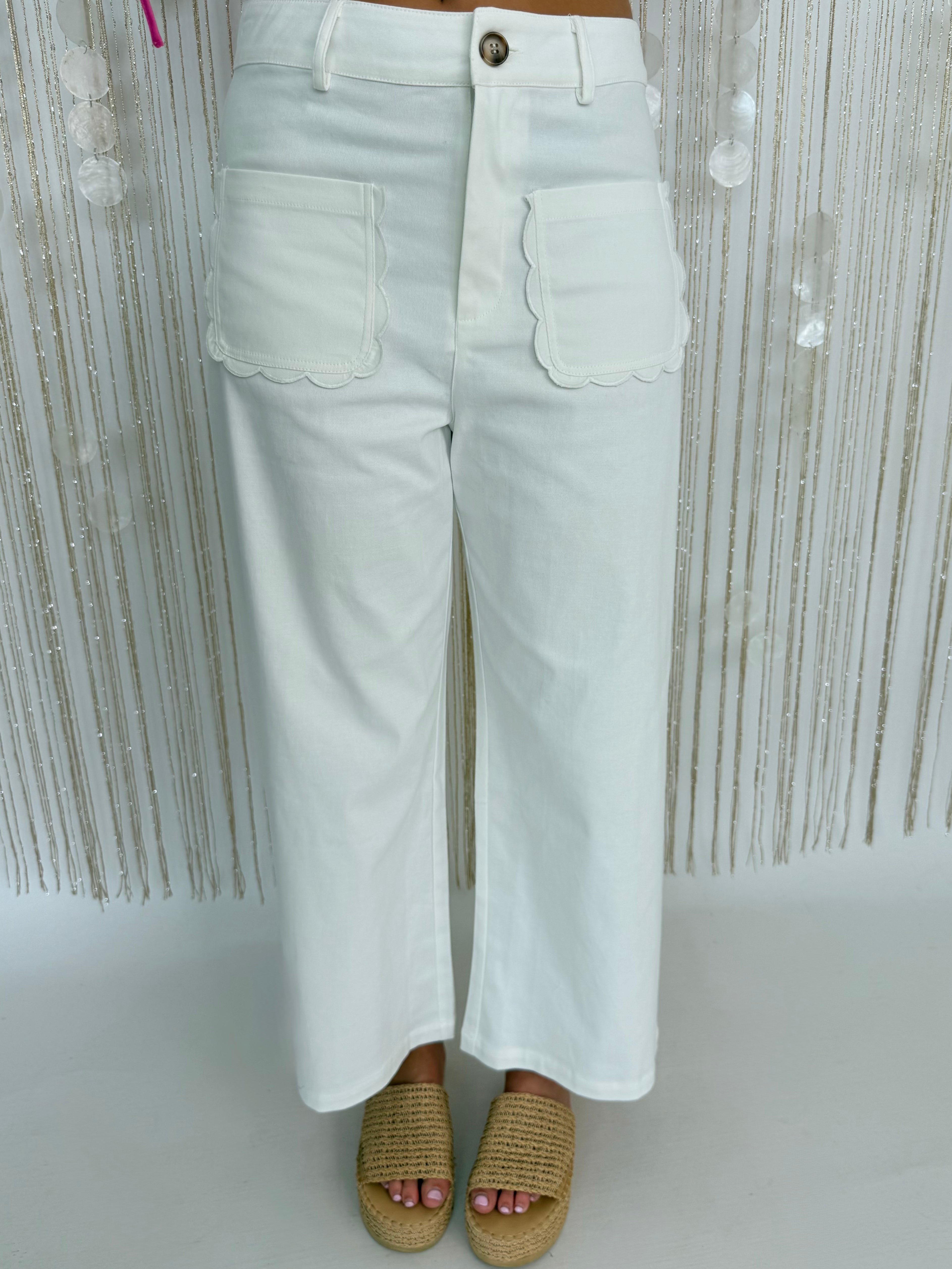Live Out Loud Off White Scallop Front Pocket Pants-Shop-Womens-Boutique-Clothing