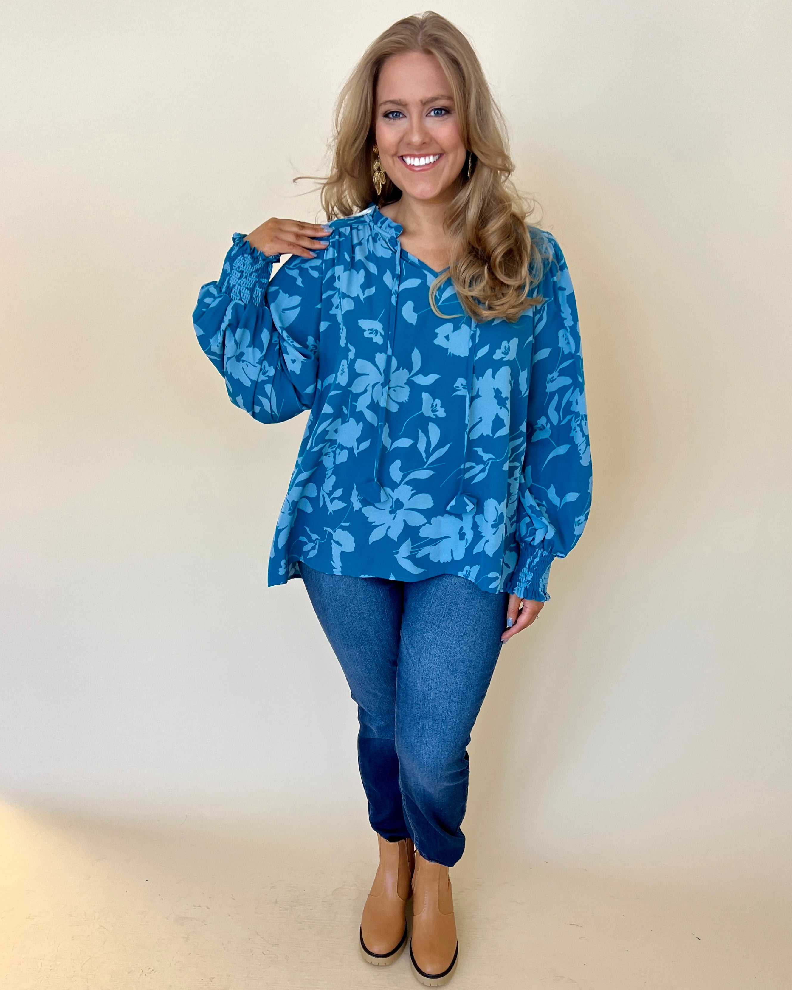 You're Here Turquoise Mix Plus Floral Top-Shop-Womens-Boutique-Clothing