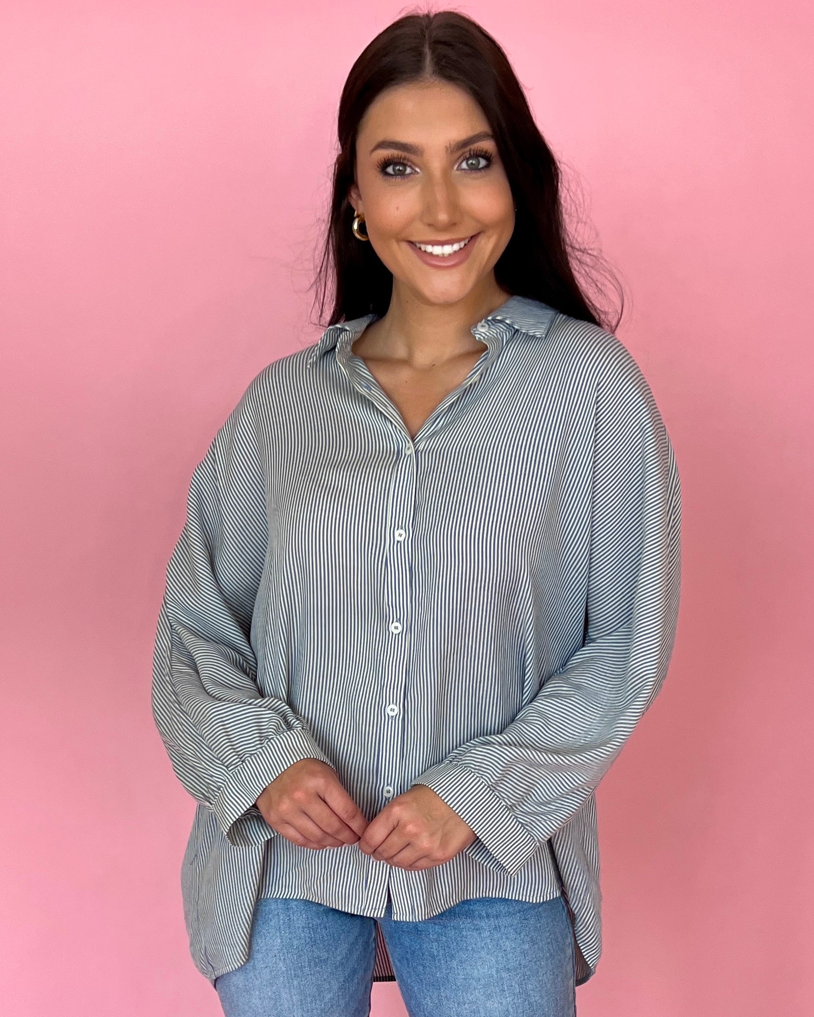 Stay Kind Denim Striped Button Down Top-Shop-Womens-Boutique-Clothing