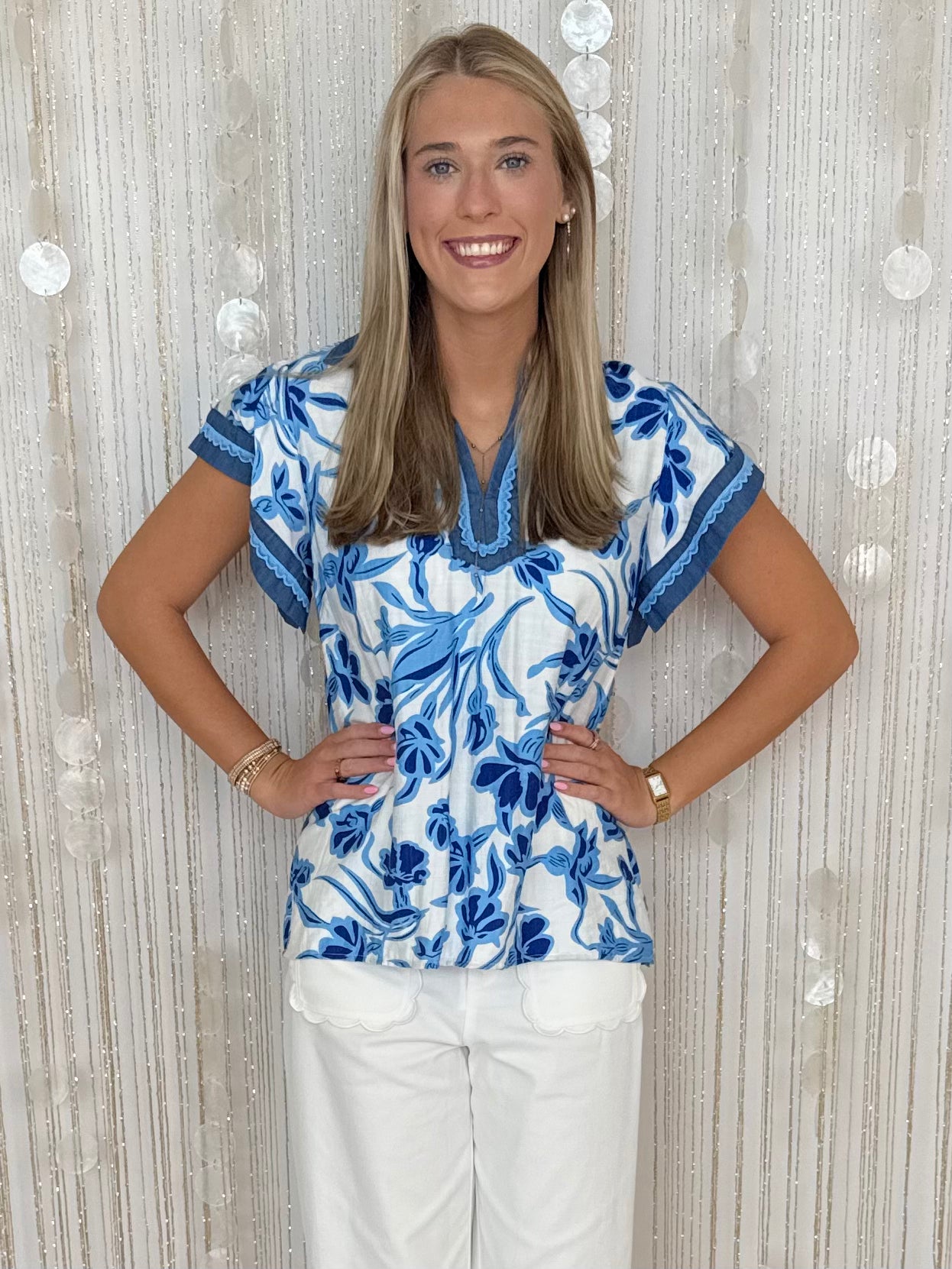 Just The Way Blue Mix Floral Flutter Top-Shop-Womens-Boutique-Clothing