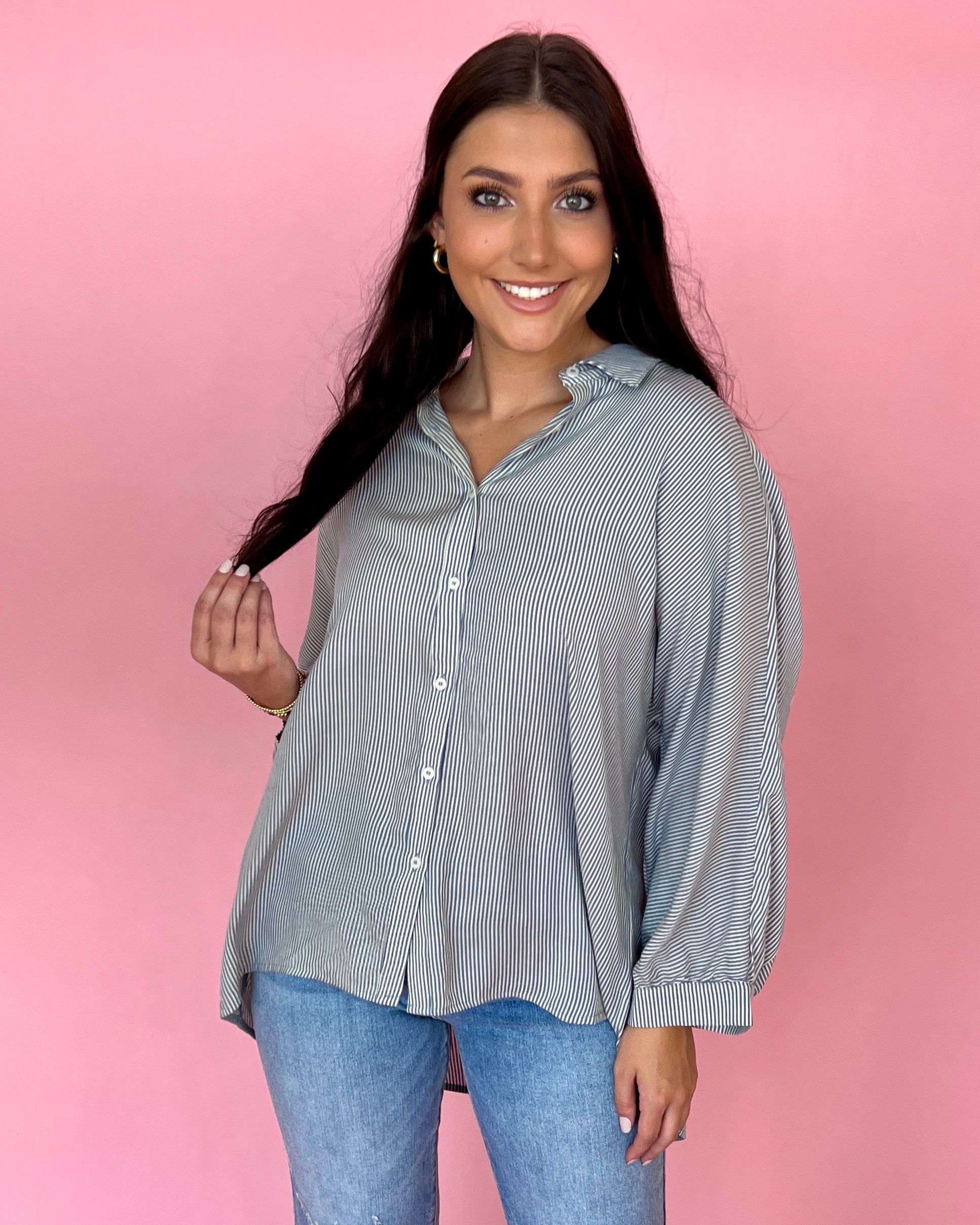 Stay Kind Denim Striped Button Down Top-Shop-Womens-Boutique-Clothing