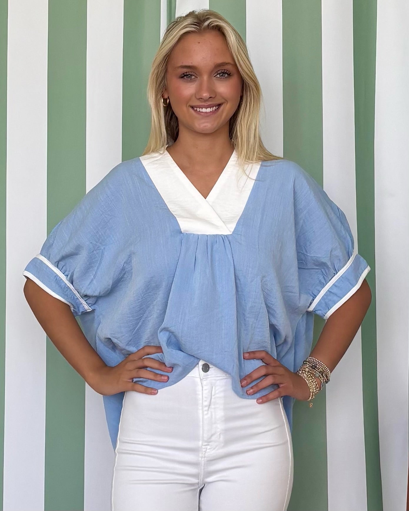 Push Through Blue 3/4 Sleeve Collared Top-Shop-Womens-Boutique-Clothing