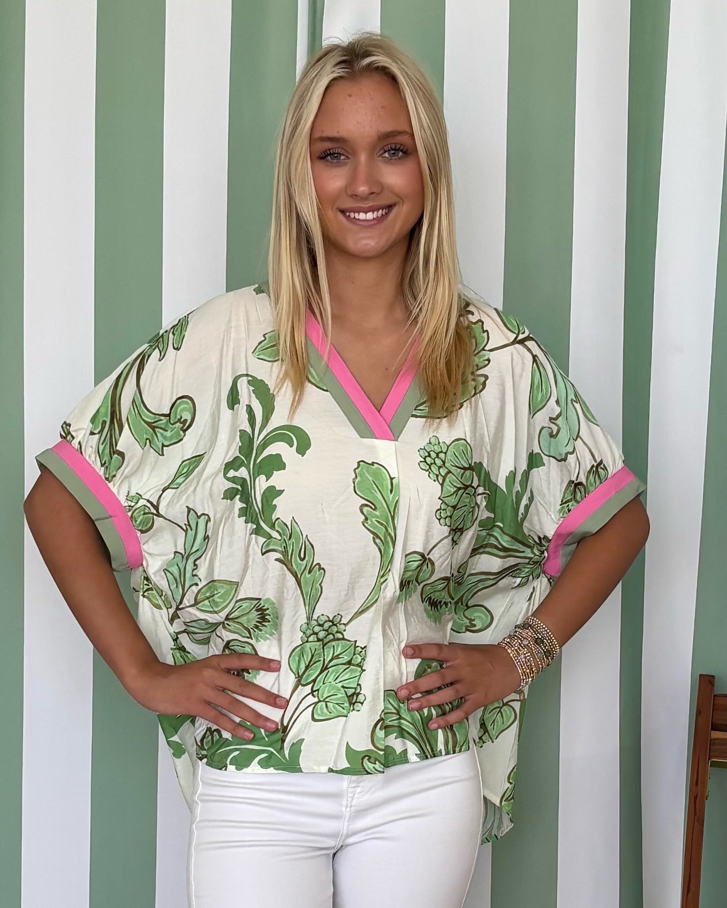 Tide Ready Olive Leaf Print V-Neck Top-Shop-Womens-Boutique-Clothing