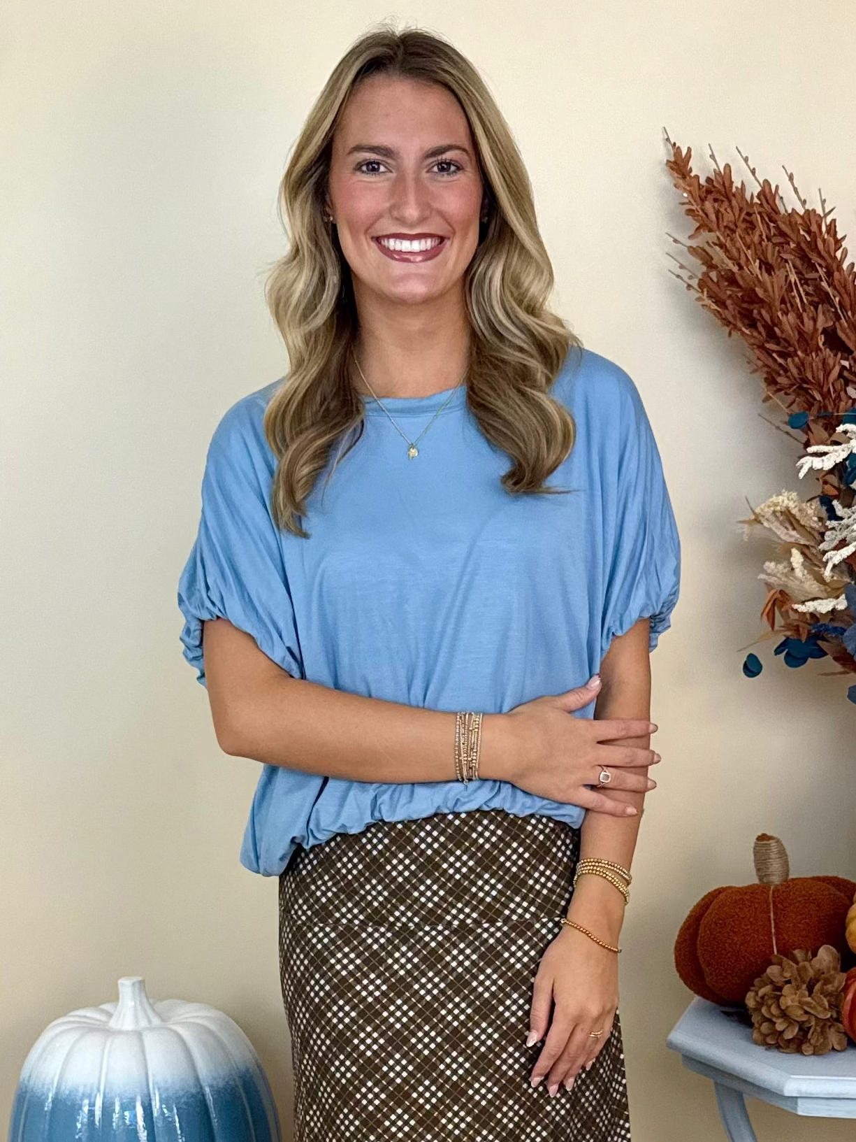 Best Dressed Slate Blue Bamboo Bubble Sleeve/Hem Top-Shop-Womens-Boutique-Clothing