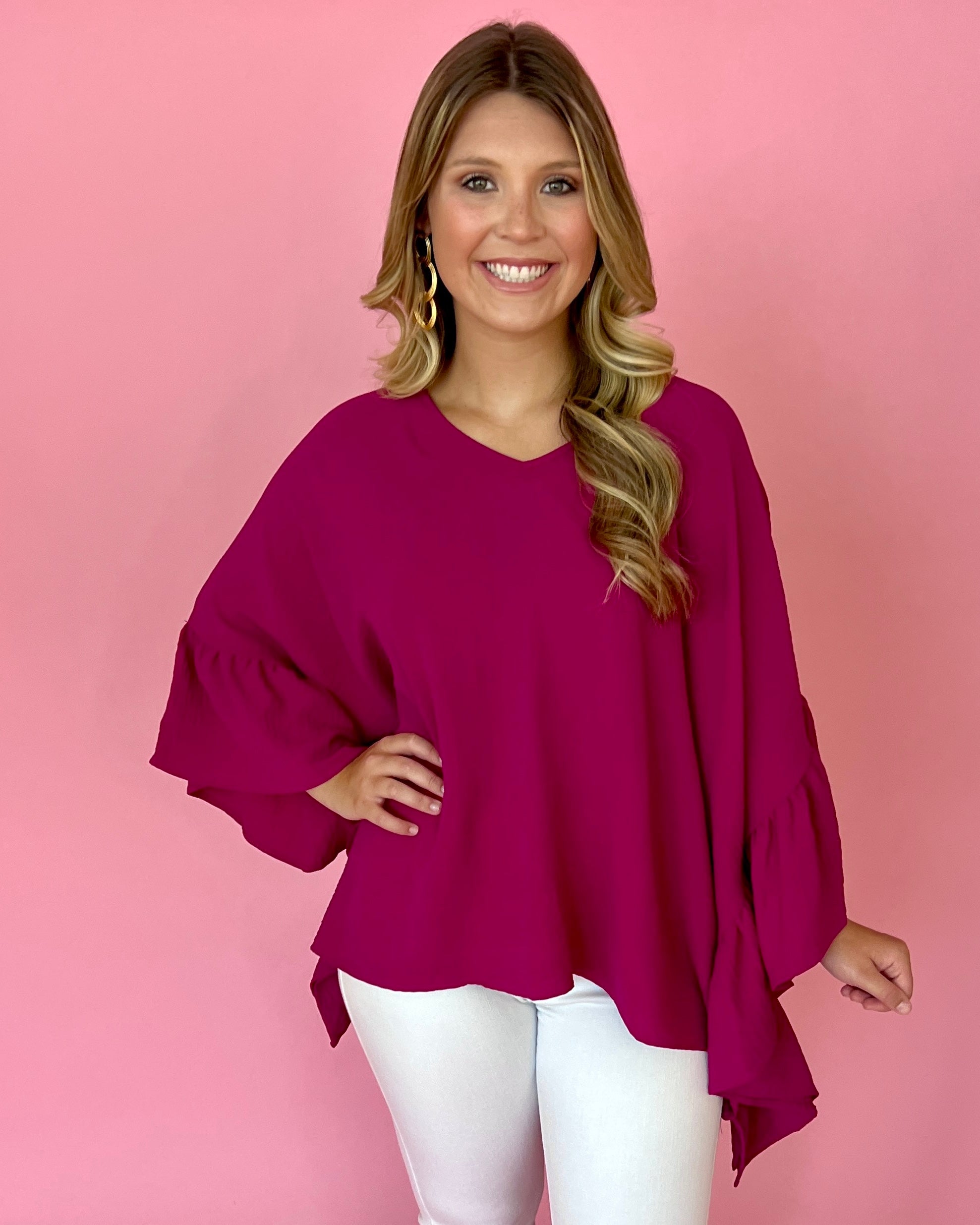 I'll Meet You Magenta V-neck Ruffle Sleeve Top-Shop-Womens-Boutique-Clothing