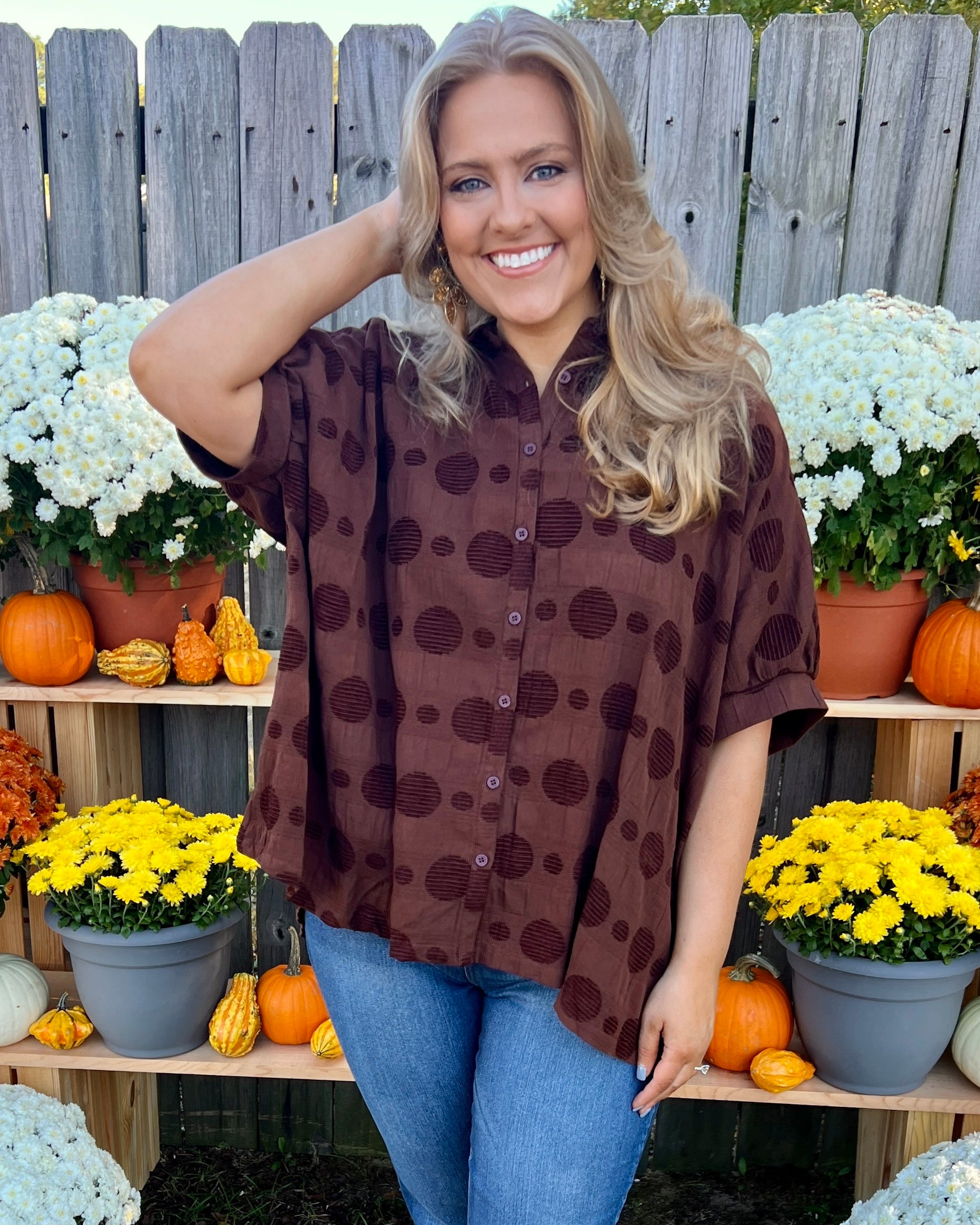 What's Next Brown Plus Dot Texture Top-Shop-Womens-Boutique-Clothing