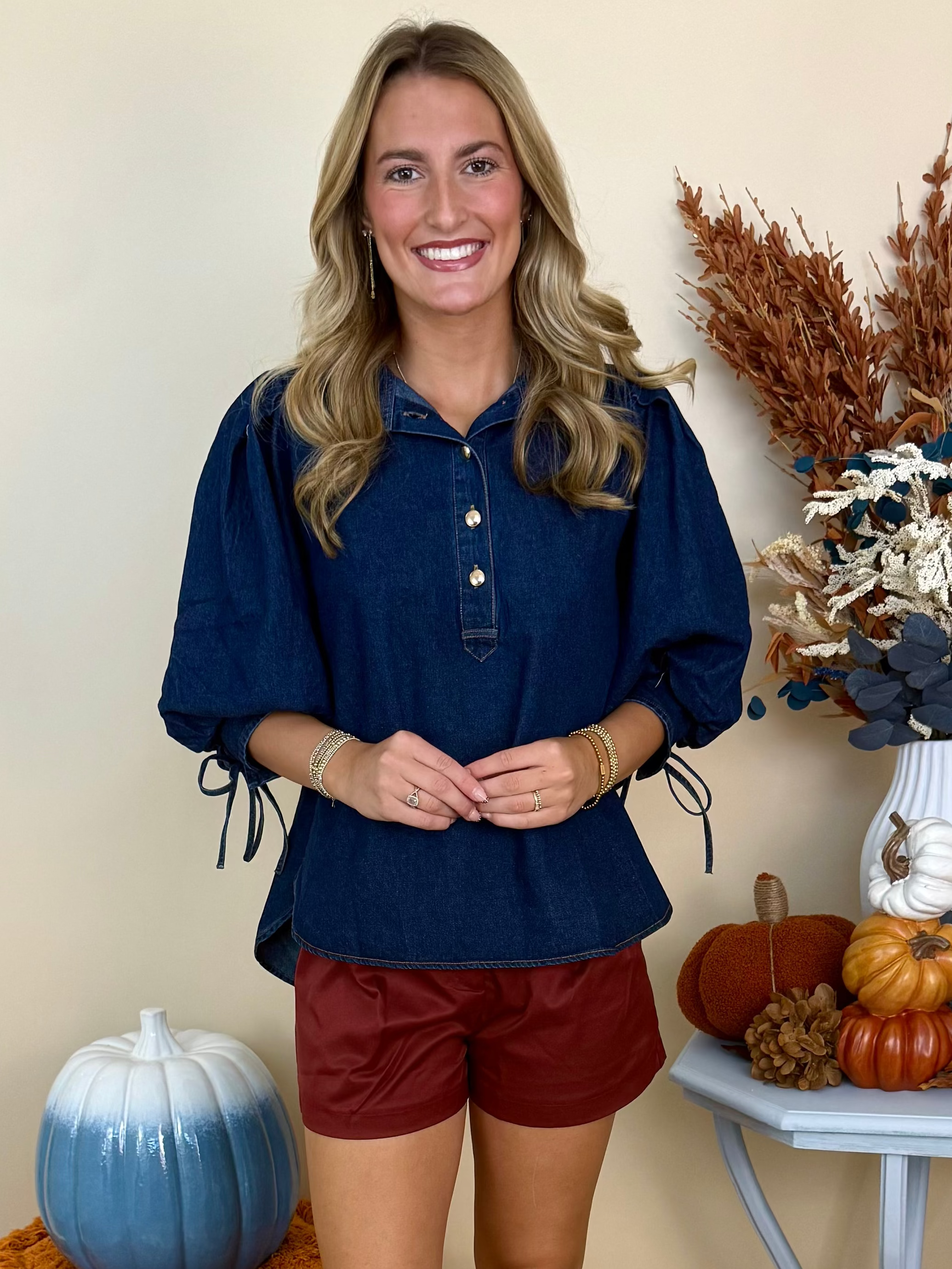 Chasing Dreams Dk Denim 3/4 Puff Sleeve Sleeve Top-Shop-Womens-Boutique-Clothing
