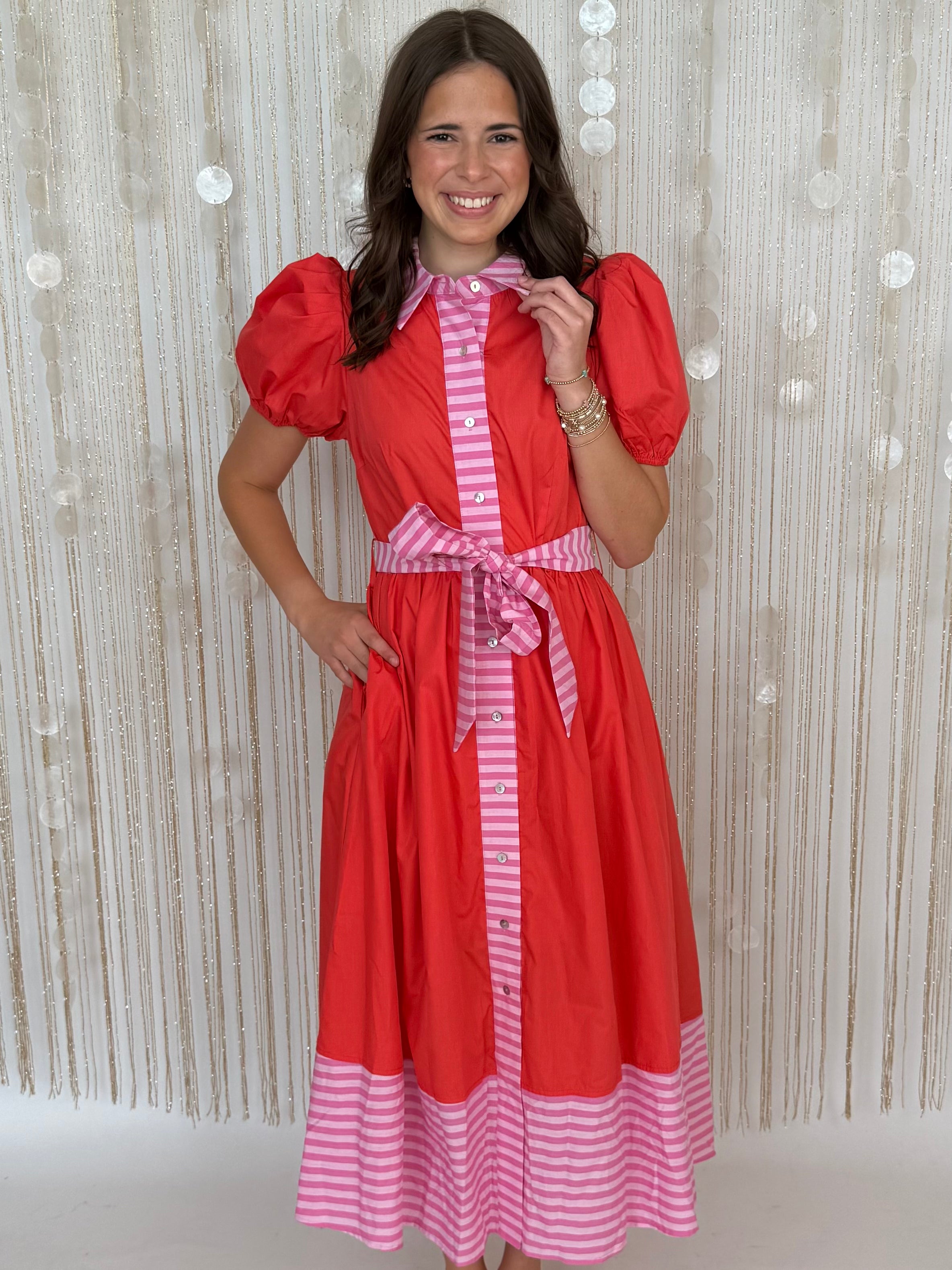 Soft Style Red Stripe Trim Puff Sleeve Midi Dress-Shop-Womens-Boutique-Clothing