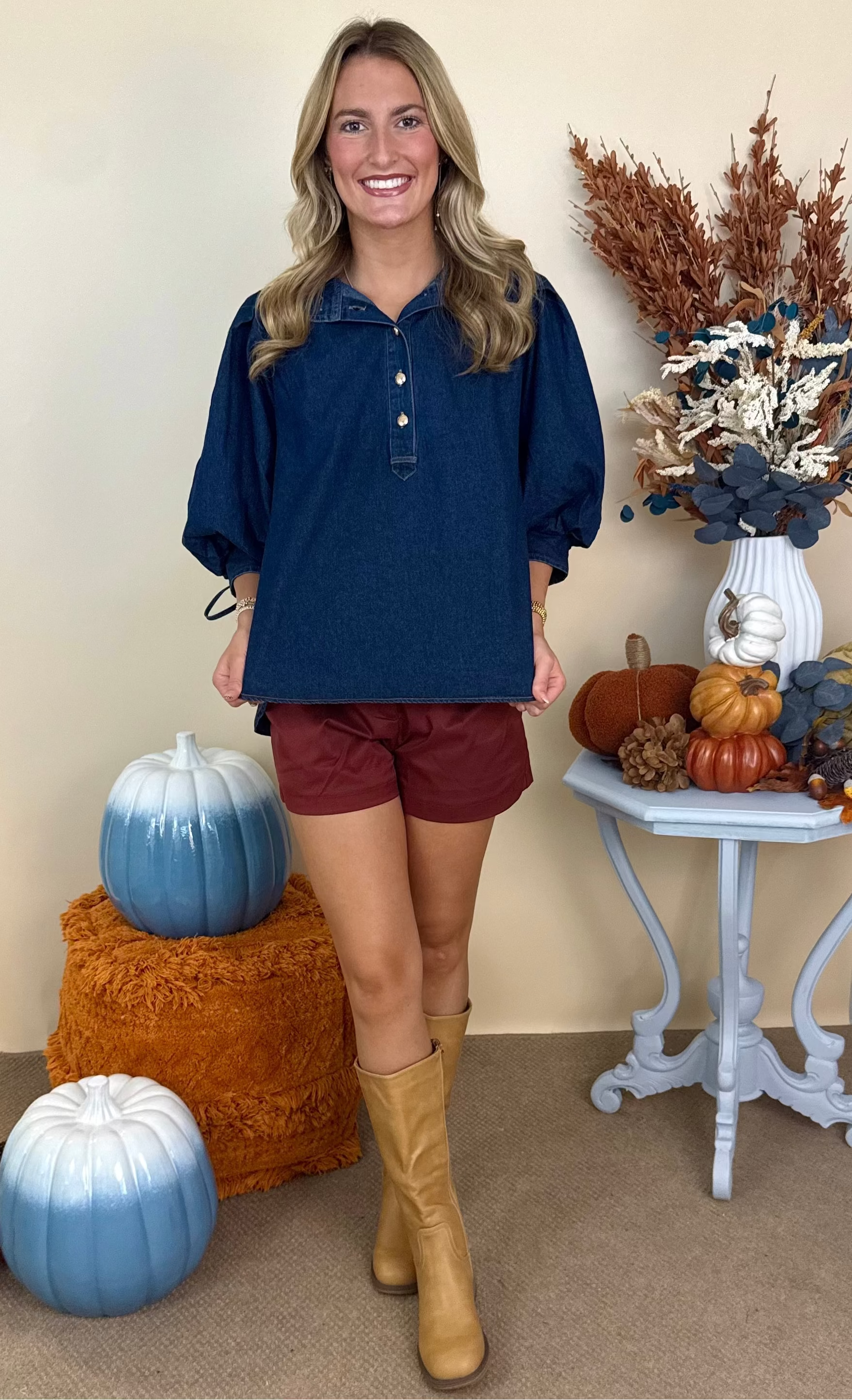 Chasing Dreams Dk Denim 3/4 Puff Sleeve Sleeve Top-Shop-Womens-Boutique-Clothing