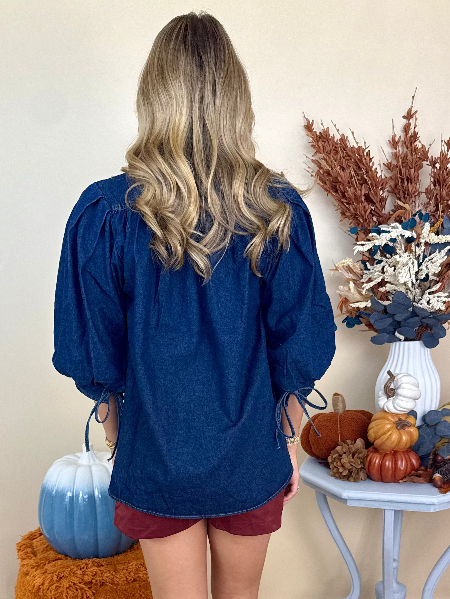 Chasing Dreams Dk Denim 3/4 Puff Sleeve Sleeve Top-Shop-Womens-Boutique-Clothing