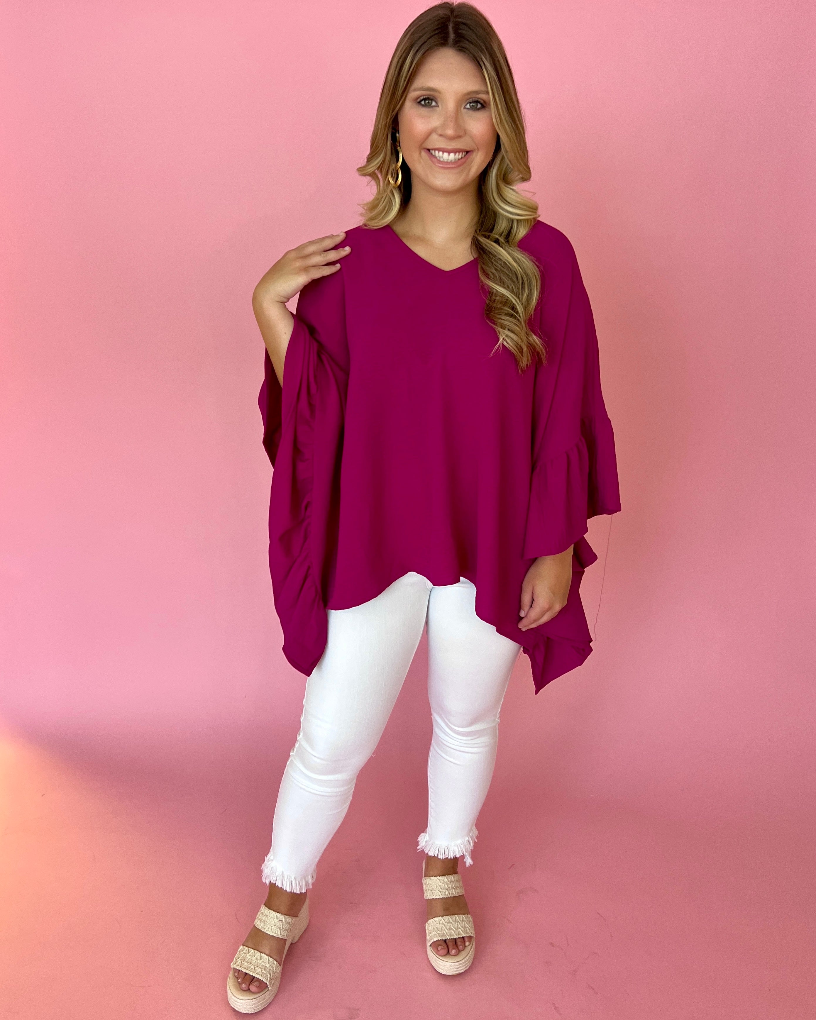 I'll Meet You Magenta V-neck Ruffle Sleeve Top-Shop-Womens-Boutique-Clothing