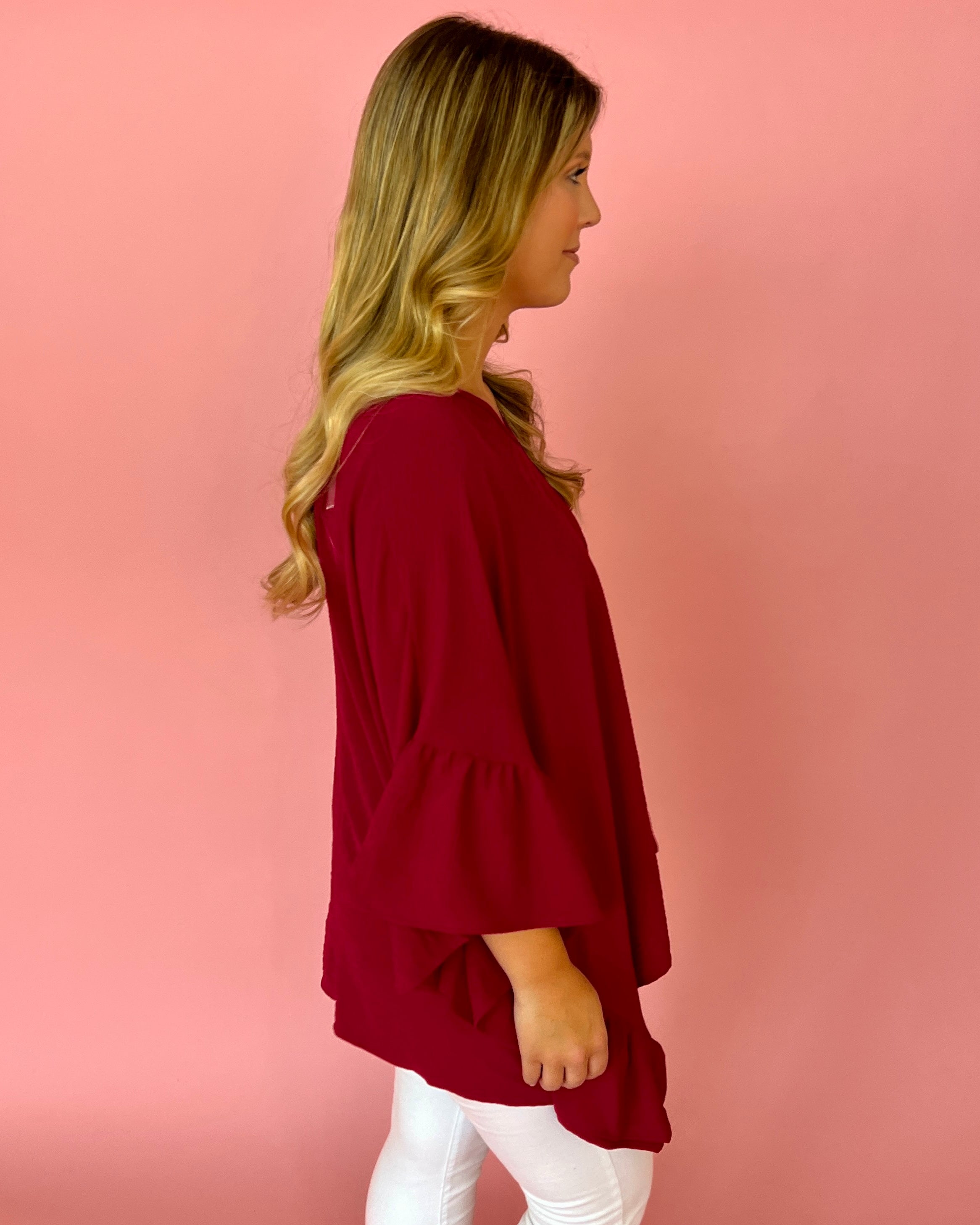 I'll Meet You Magenta V-neck Ruffle Sleeve Top-Shop-Womens-Boutique-Clothing