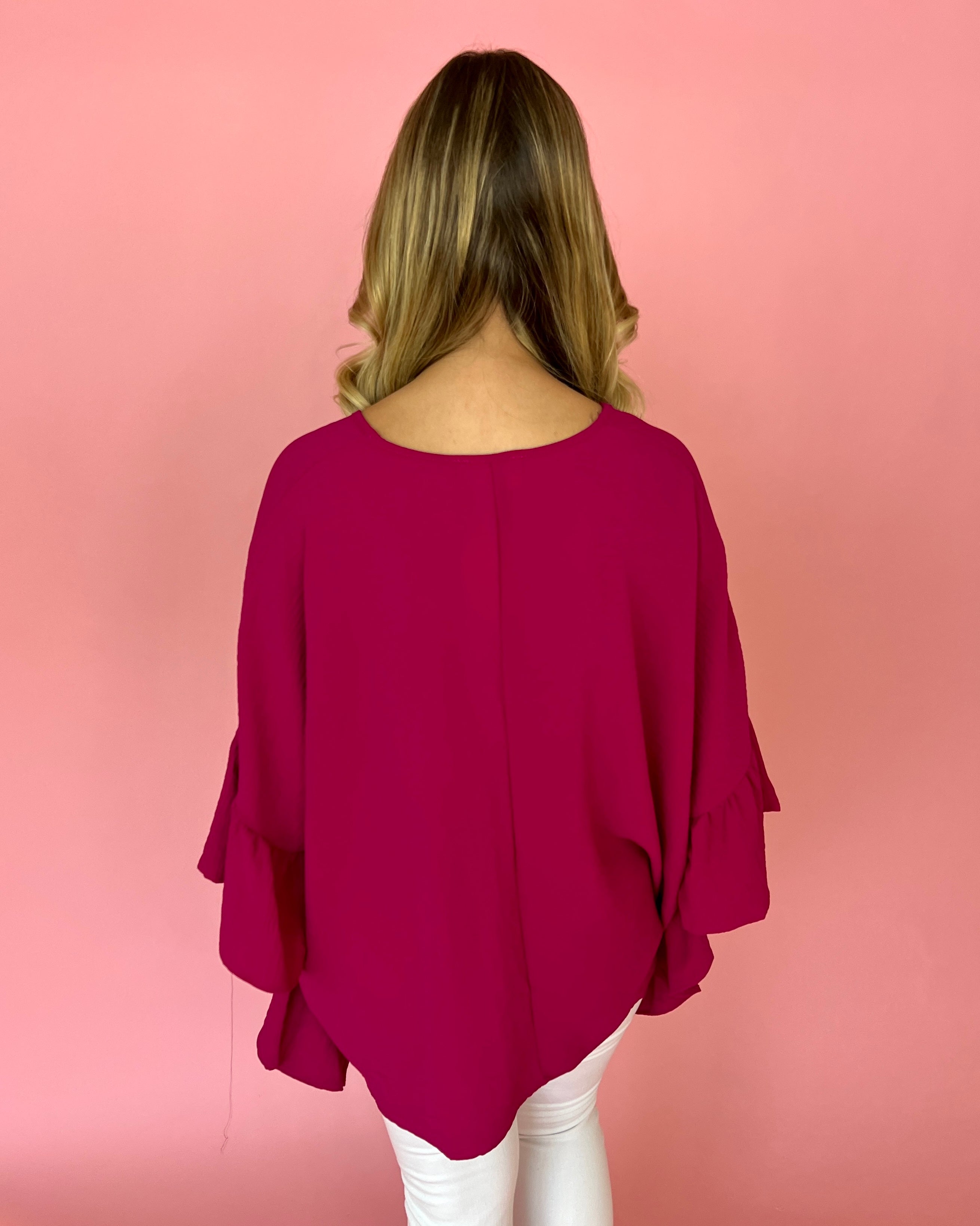 I'll Meet You Magenta V-neck Ruffle Sleeve Top-Shop-Womens-Boutique-Clothing