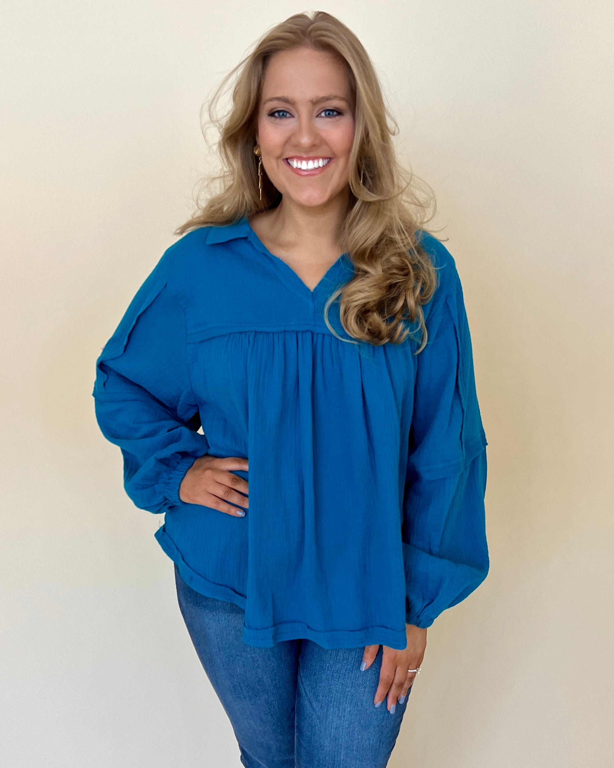 Call On Me Teal Blue Plus Gauze Top-Shop-Womens-Boutique-Clothing