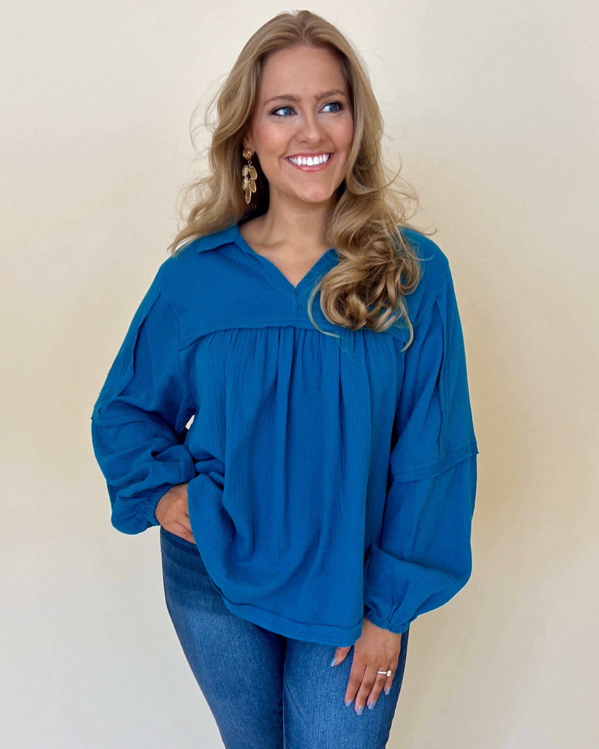 Call On Me Teal Blue Plus Gauze Top-Shop-Womens-Boutique-Clothing