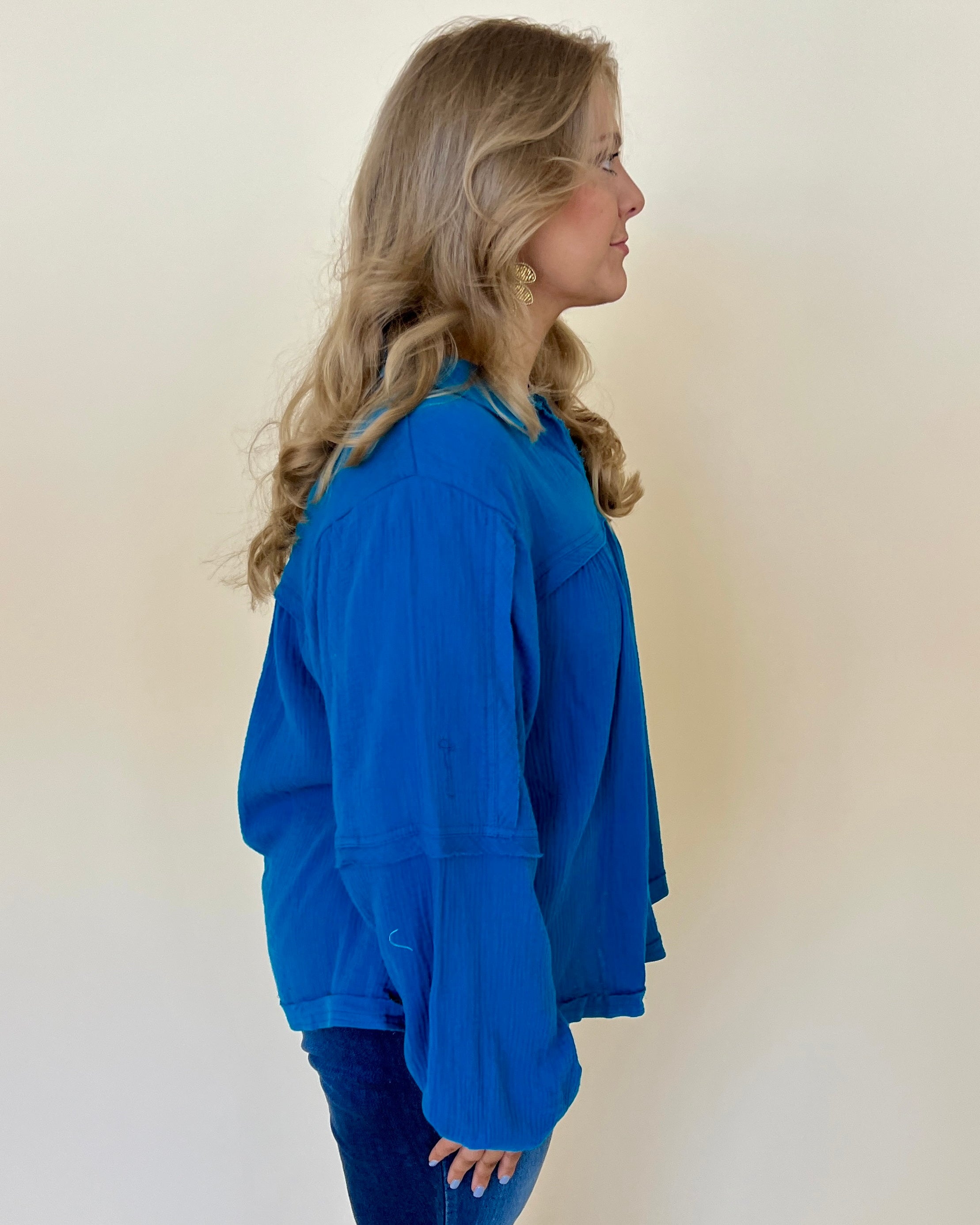 Call On Me Teal Blue Plus Gauze Top-Shop-Womens-Boutique-Clothing