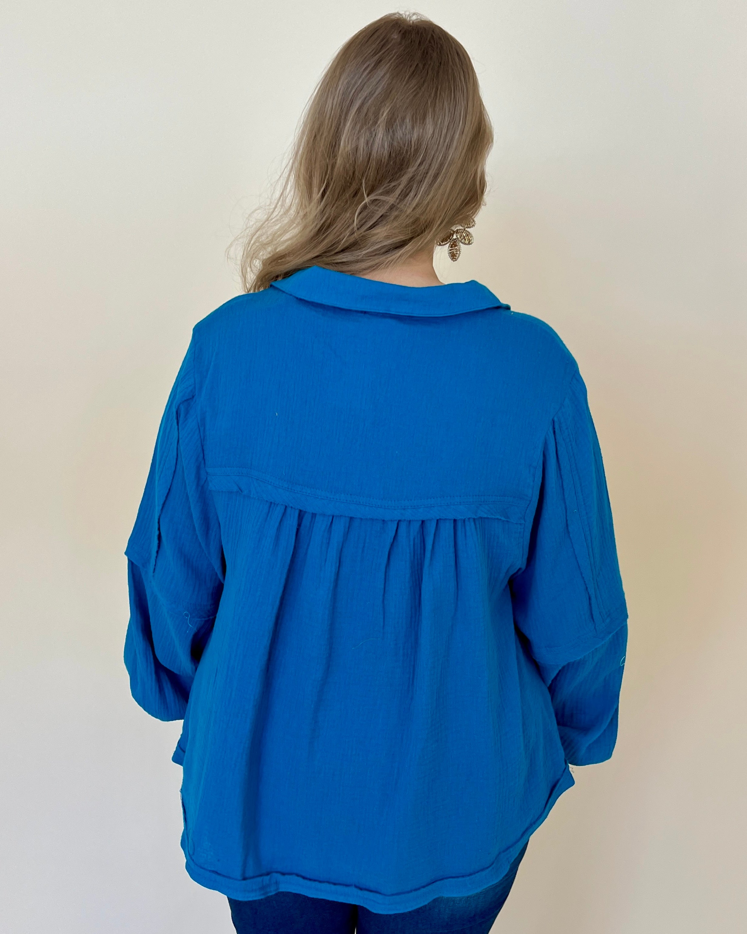 Call On Me Teal Blue Plus Gauze Top-Shop-Womens-Boutique-Clothing