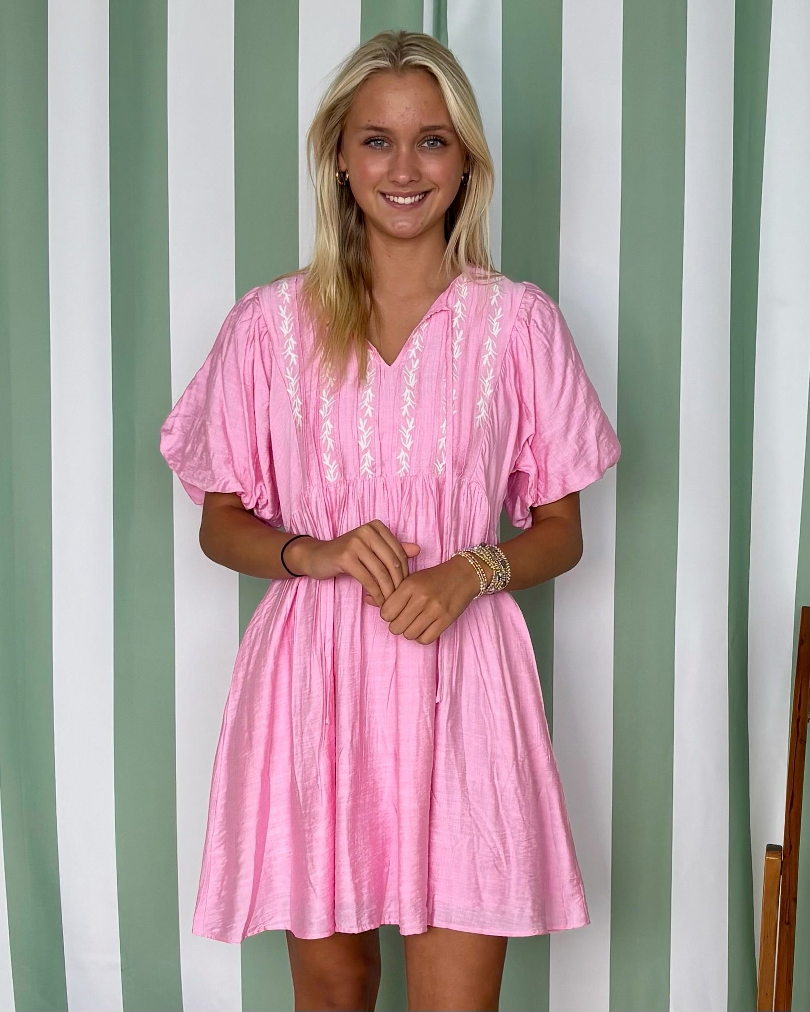 Be Seen Pink Embroidered Babydoll Dress-Shop-Womens-Boutique-Clothing