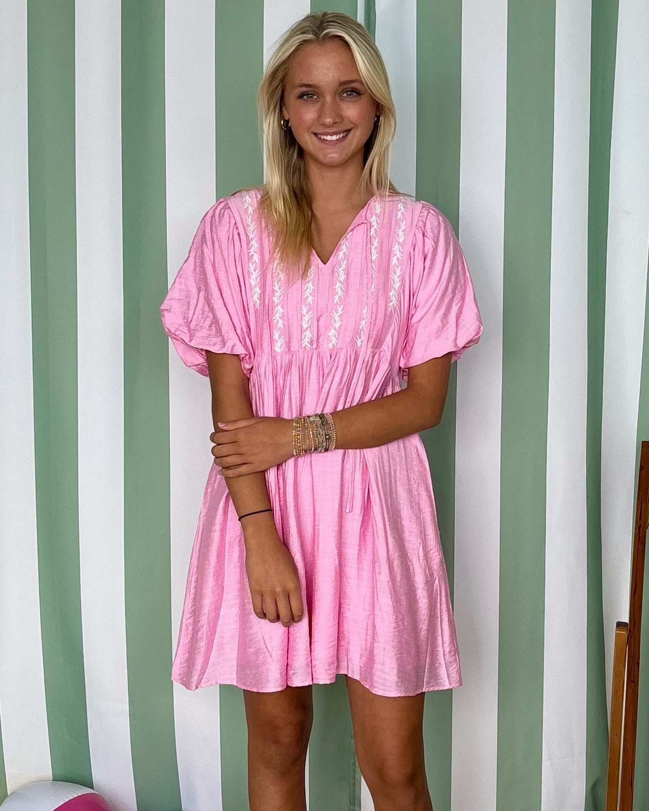 Be Seen Pink Embroidered Babydoll Dress-Shop-Womens-Boutique-Clothing