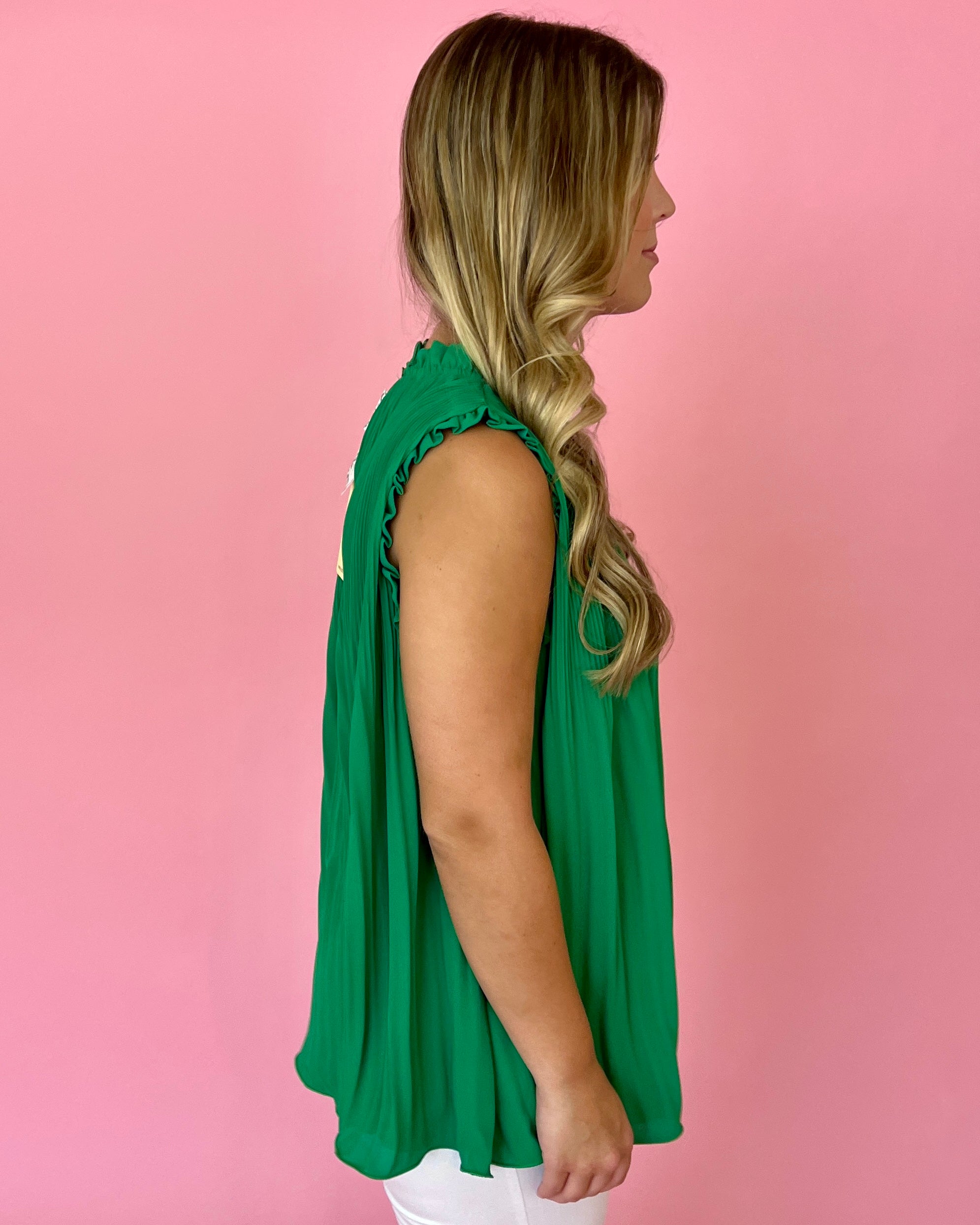 A Fair Deal Kelly Green High Neck Pleated Top-Shop-Womens-Boutique-Clothing