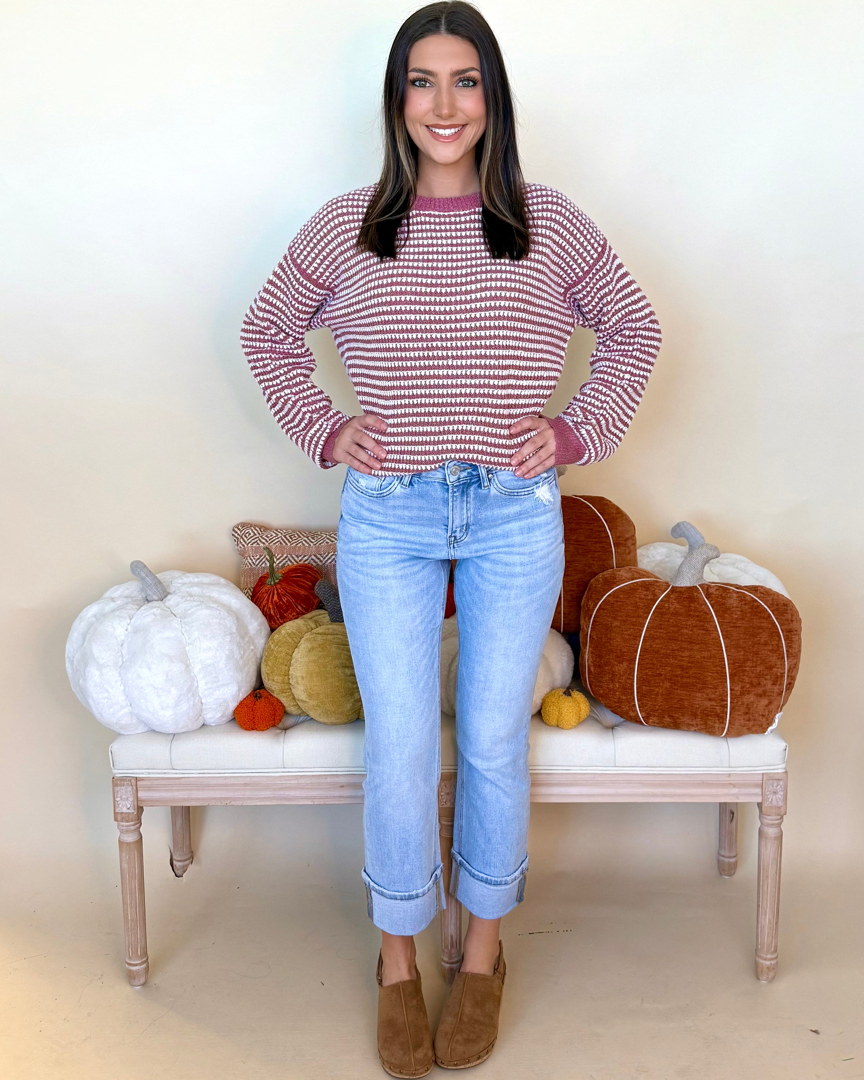 Let It Be Known Rose Waffle Striped Sweater-Shop-Womens-Boutique-Clothing