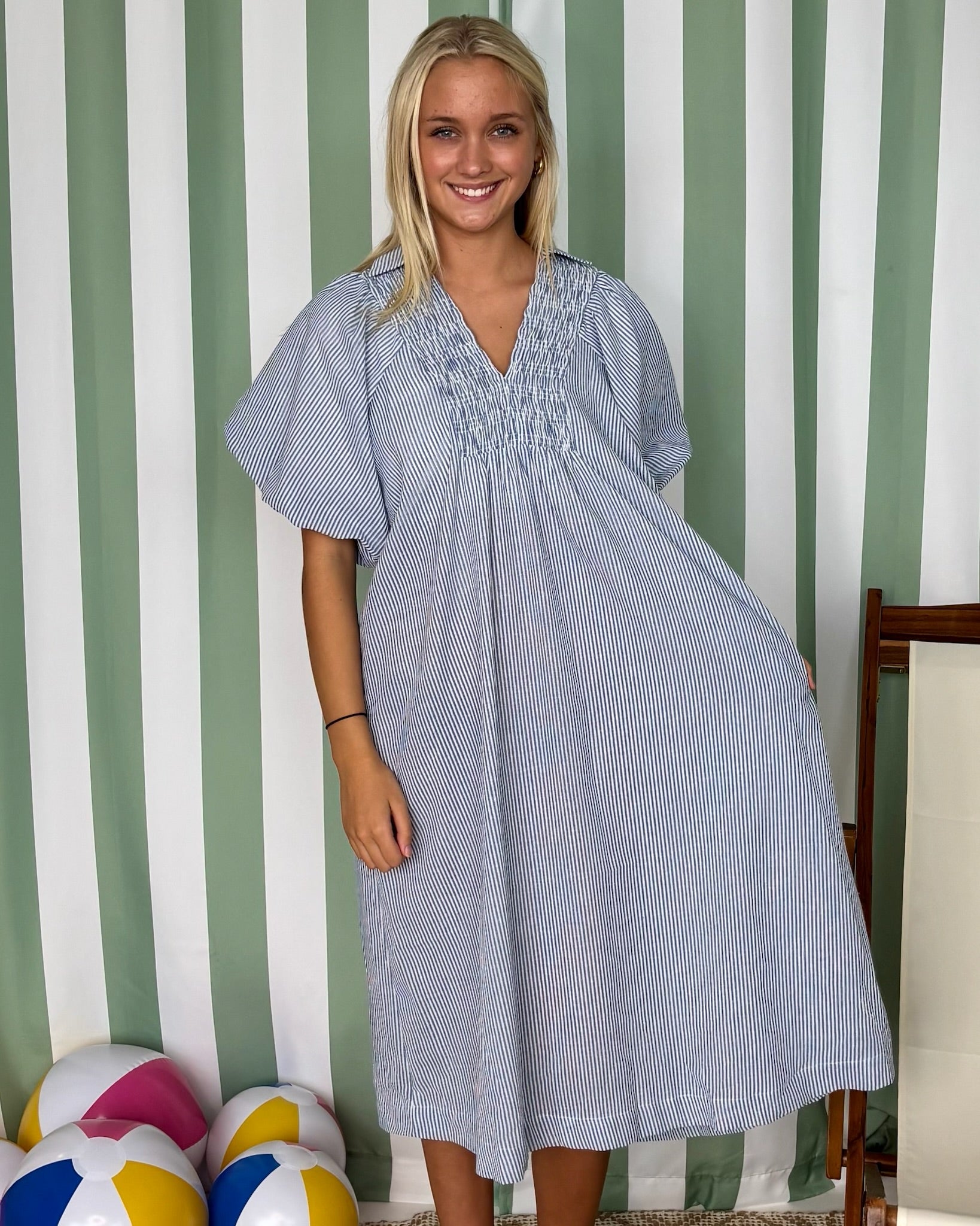 Just Lovely Blue Striped Smocked Midi Dress-Shop-Womens-Boutique-Clothing