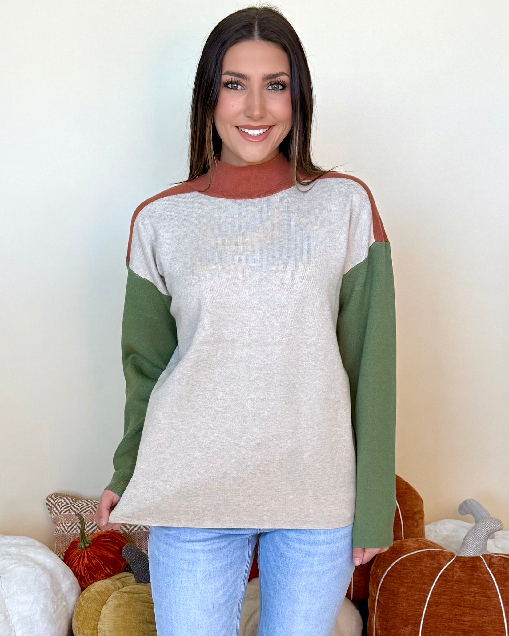 Nothing To Add Oatmeal/Rust/Green Colorblock Sweater-Shop-Womens-Boutique-Clothing